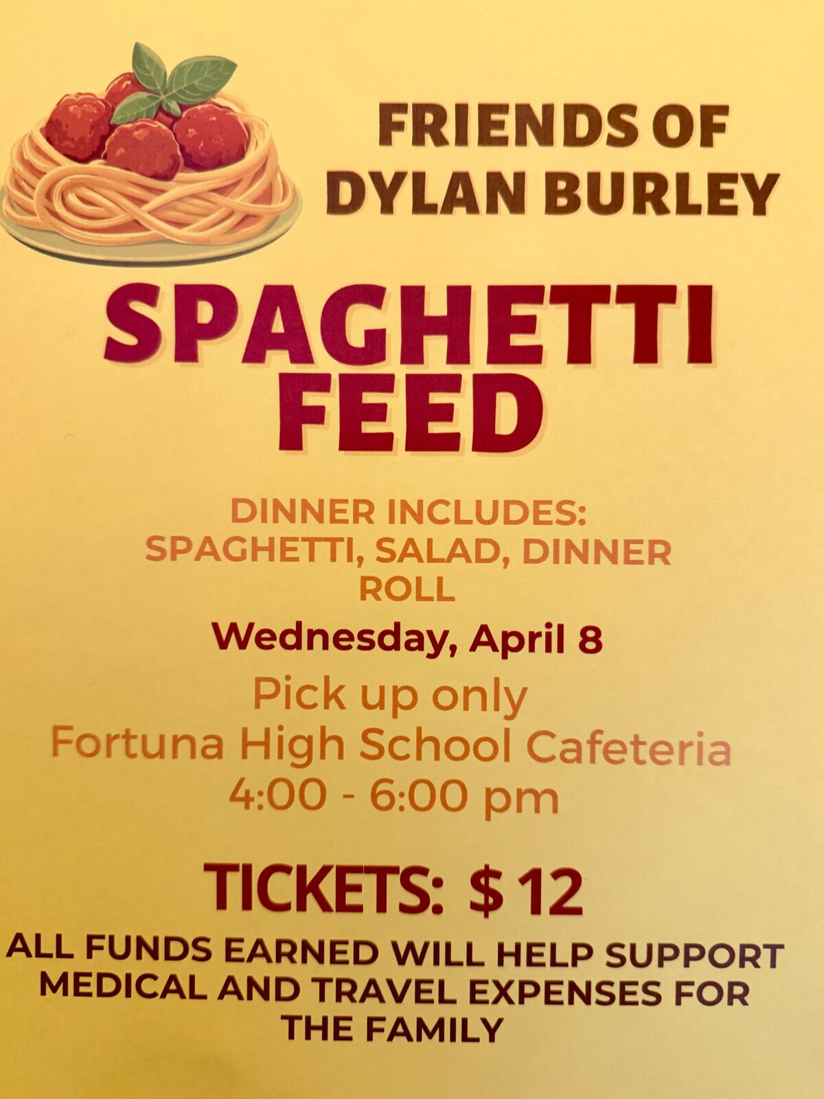 Poster for a Spaghetti Feed fundraiser for Dylan Burley, featuring an illustration of spaghetti and meatballs.