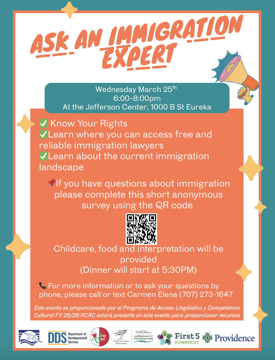 Event flyer for 'Ask an Immigration Expert' on Wednesday, March 25th, 6-8pm at Jefferson Center, Eureka.
