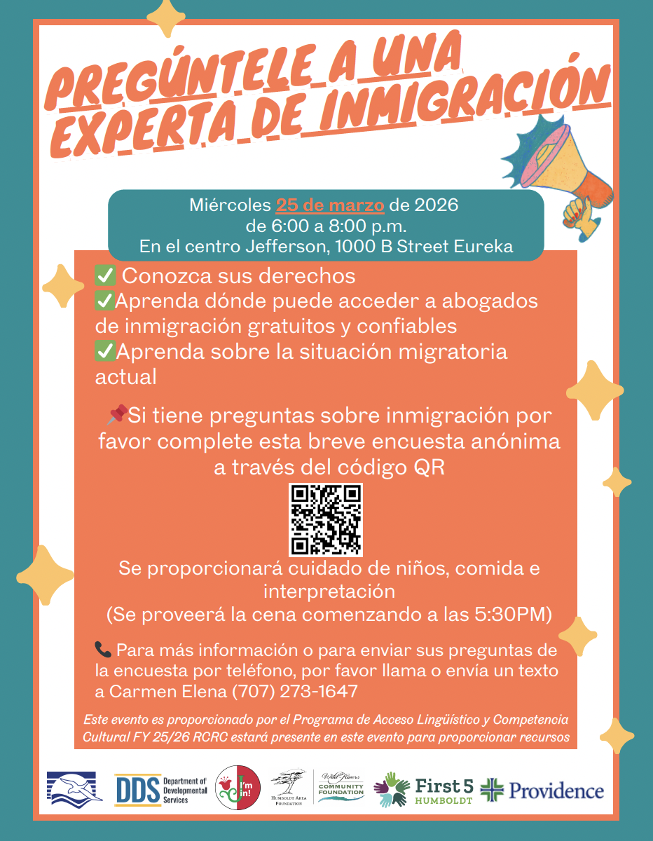 Poster announcing an immigration expert event on March 25, 2026, from 6-8 PM at Jefferson Center, Eureka.