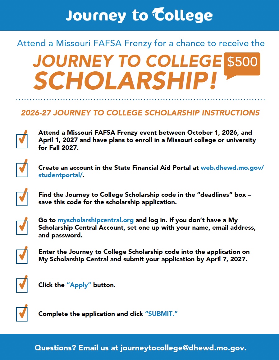 An informational flyer detailing instructions for the 2026-27 Journey to College Scholarship and $500 award.