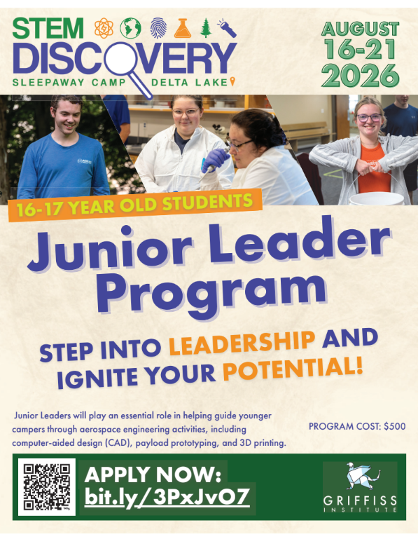Poster for the STEM Discovery Sleepaway Camp Junior Leader Program for 16-17 year old students, August 16-21, 2026.