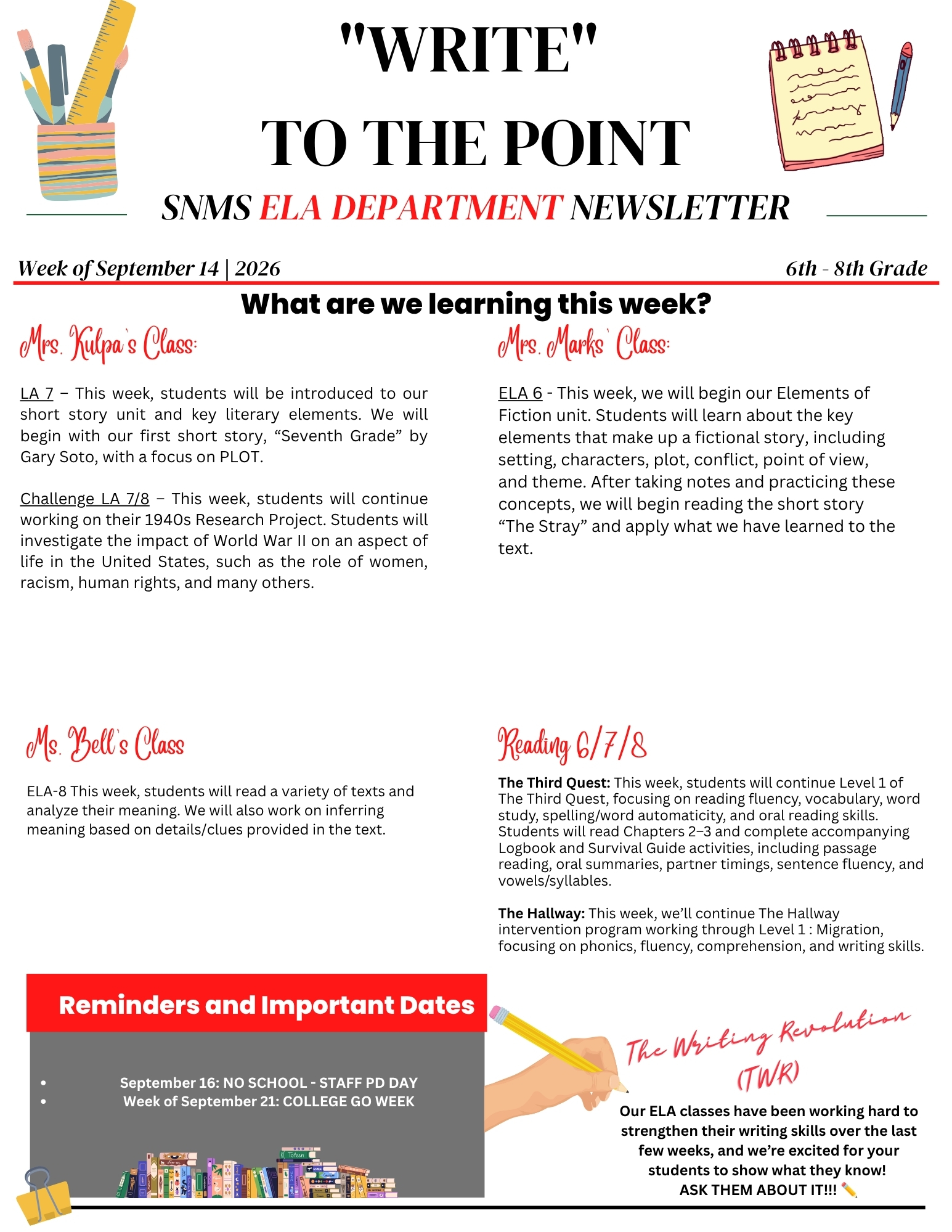 SNMS ELA Newsletter – Week of September 14