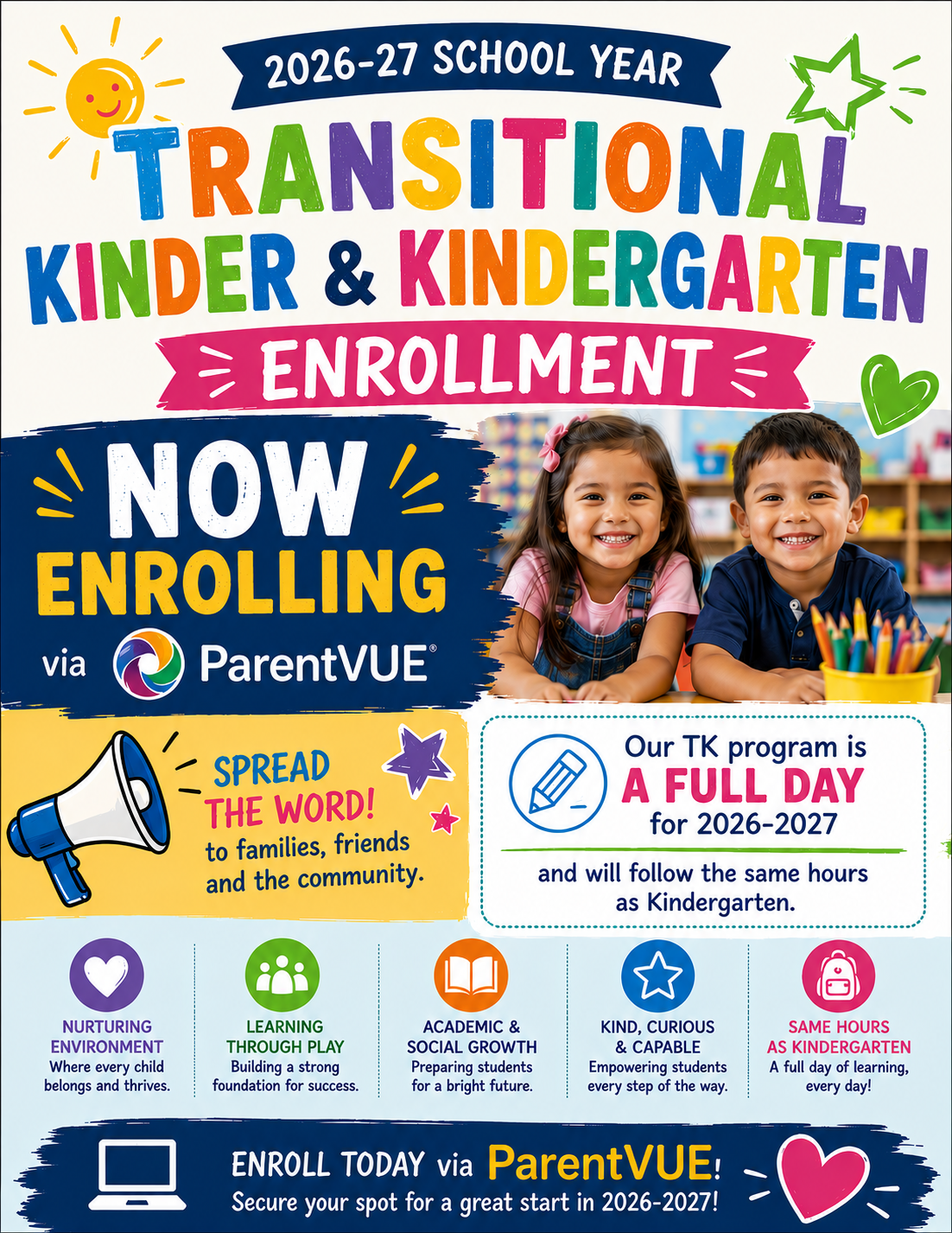 Transitional Kinder and Kindergarten Enrollment- NOW OPEN!!
