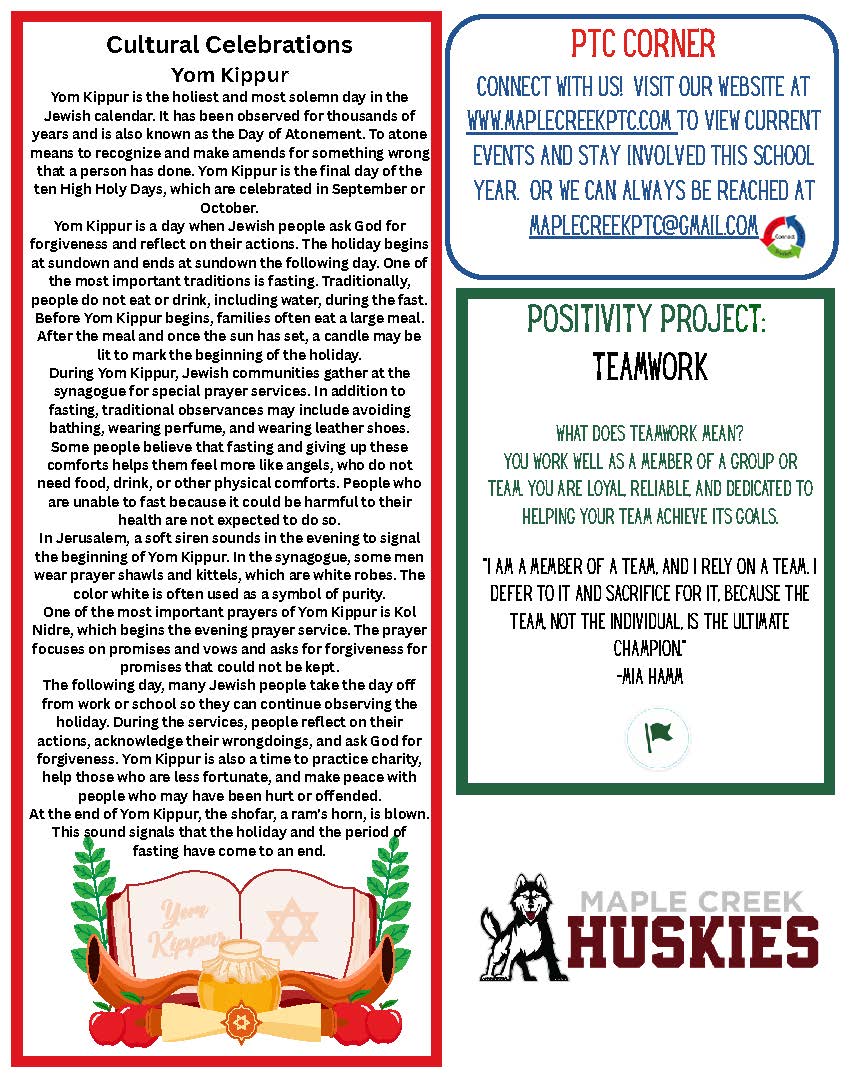 A school newsletter page with sections about Yom Kippur, PTC Corner, and Teamwork.