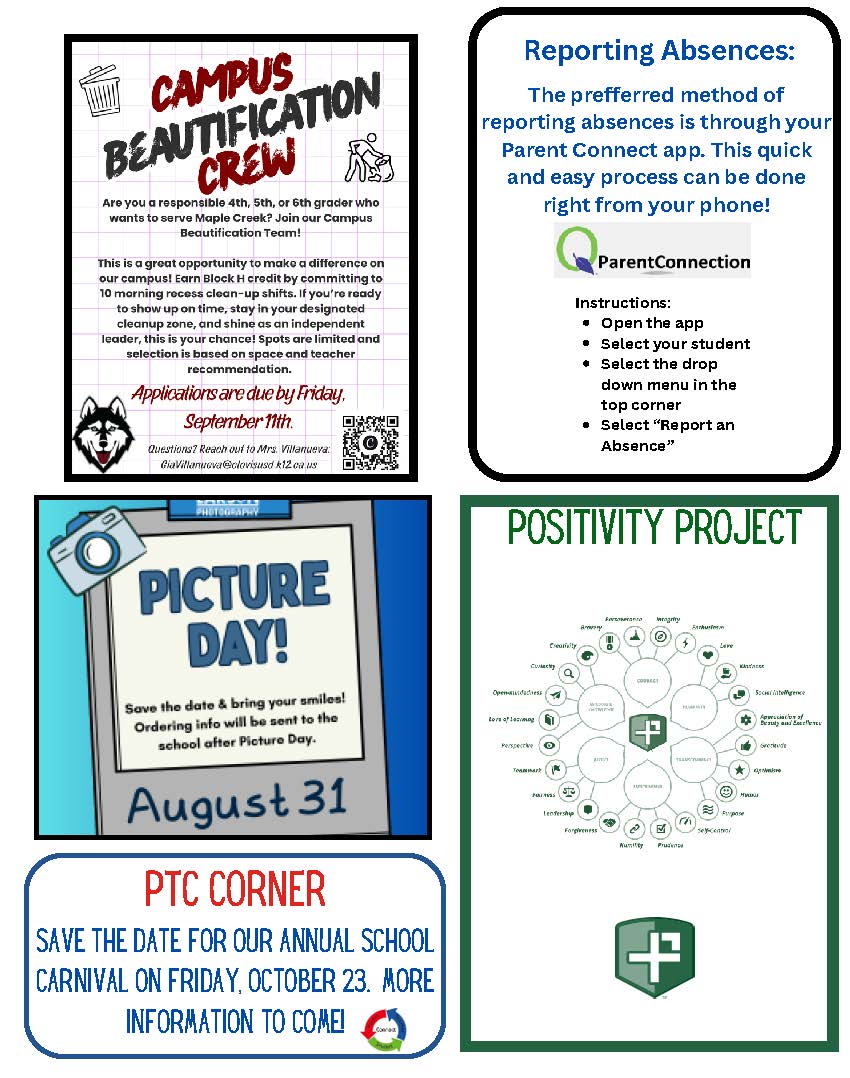 A flyer announces the 'Campus Beautification Crew' opportunity for 4th-6th graders, with applications due September 11th.