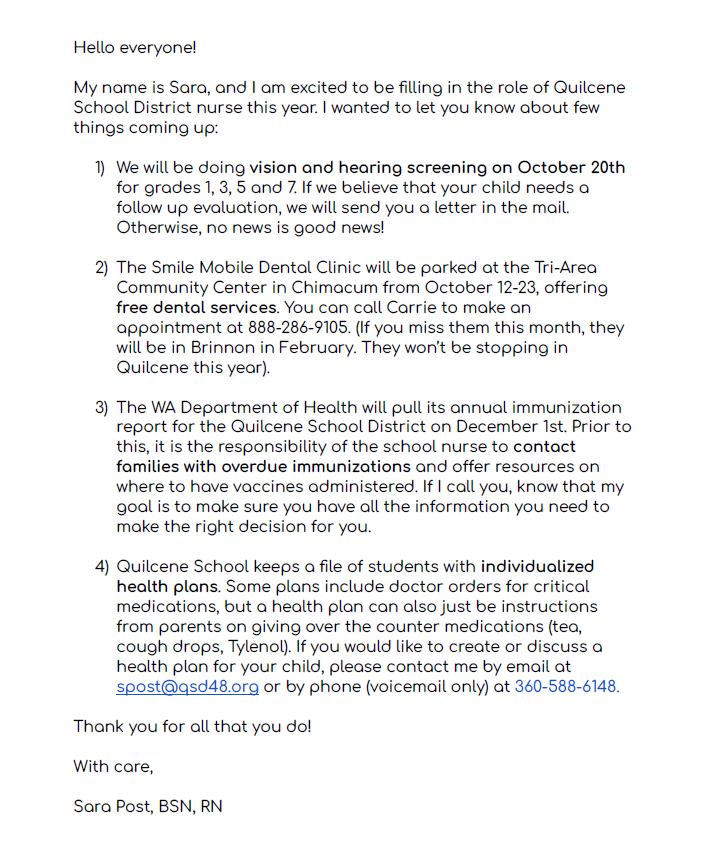 Letter from the School Nurse