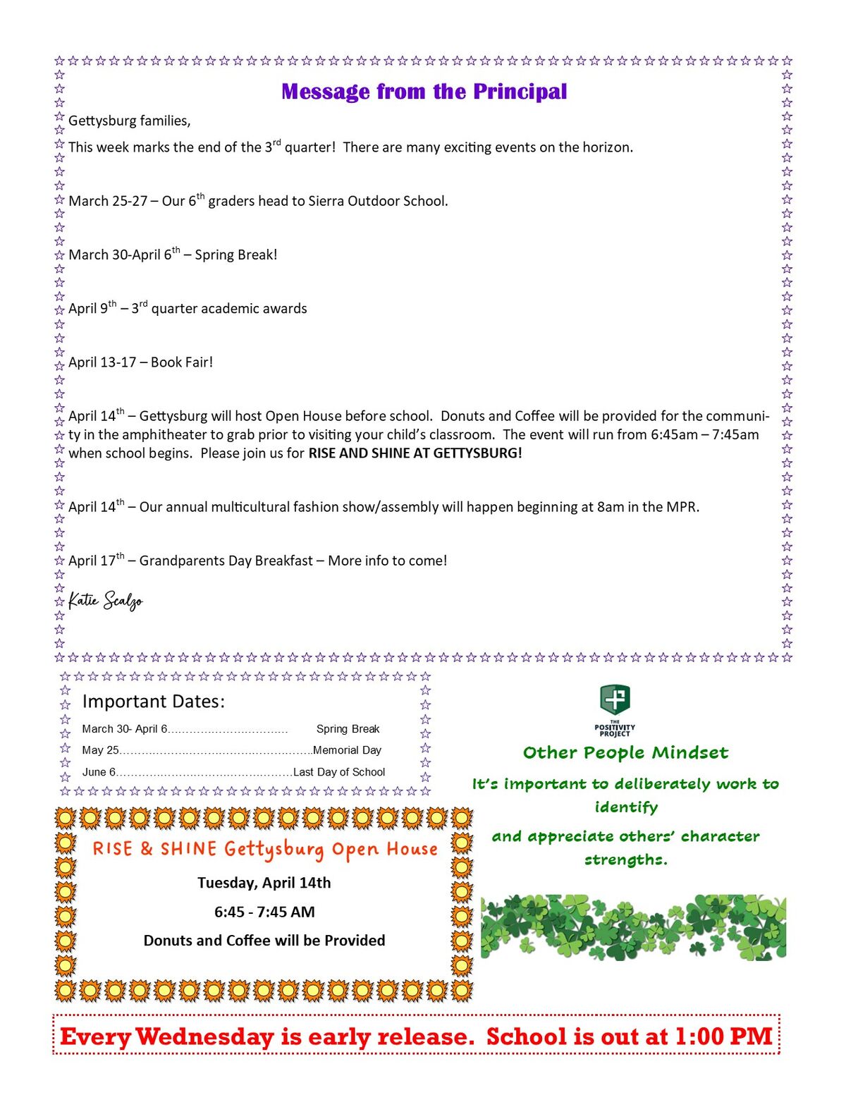 A school newsletter titled 'Message from the Principal' with upcoming events and important dates.