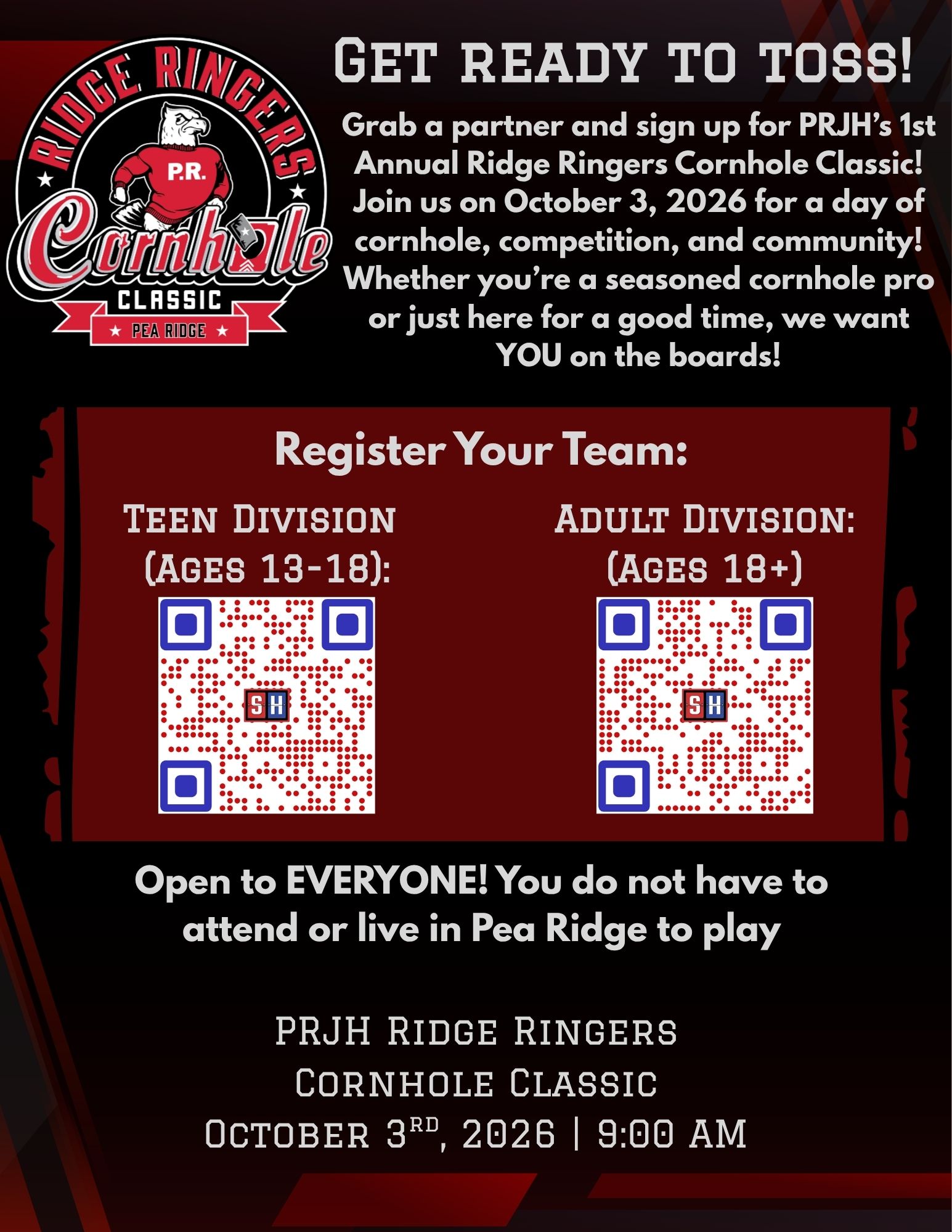 Poster for the PRJH's 1st Annual Ridge Ringers Cornhole Classic on October 3, 2026.
