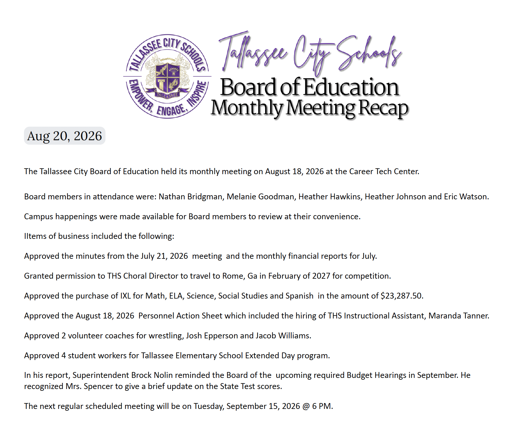 Board Meeting Recap 