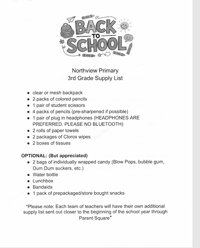 Northview Primary 3rd Grade Supply List with required and optional items.