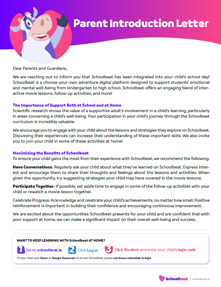 Parent Introduction Letter for 7th & 8th Graders for our SEL Curriculum