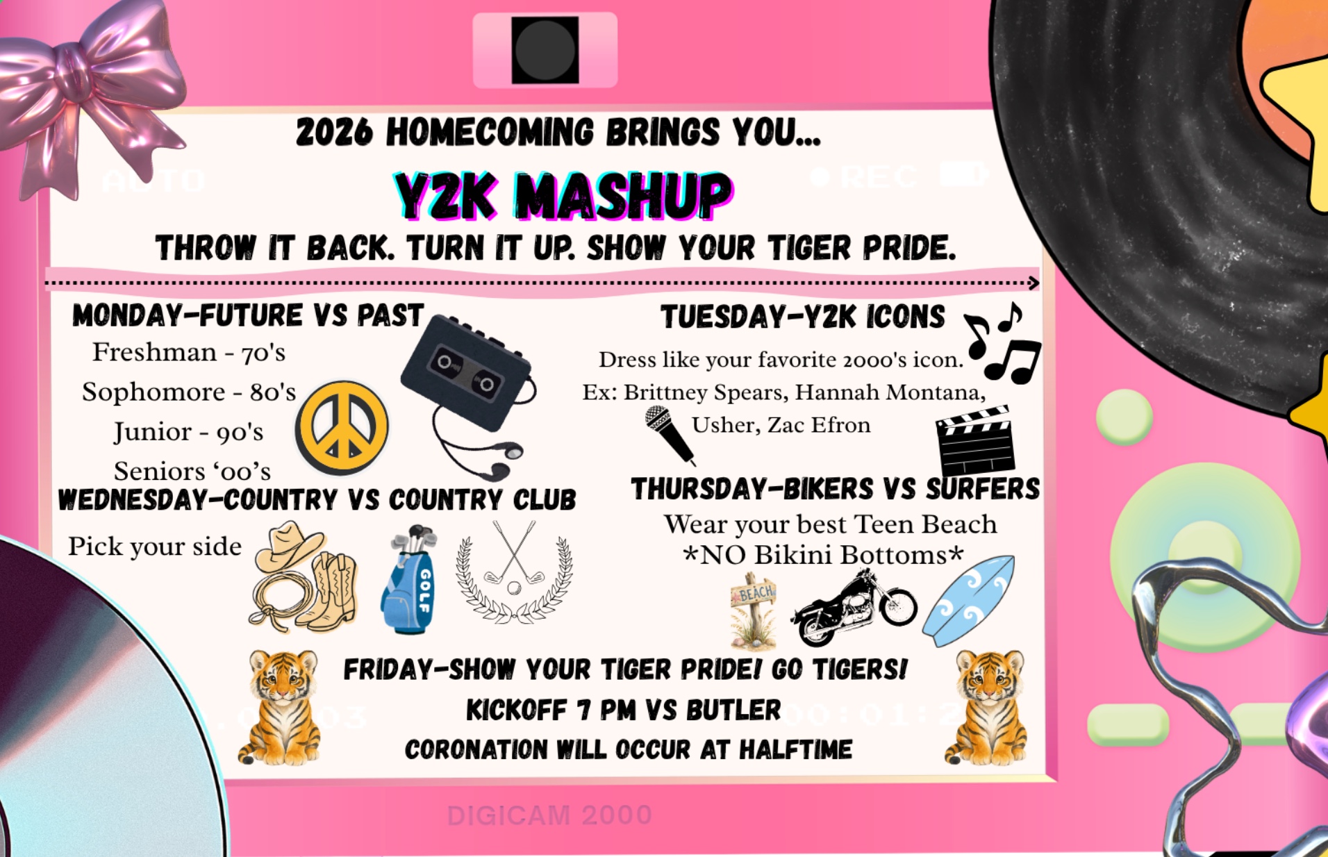 A colorful, Y2K-themed digital flyer announces the 2026 homecoming events, titled "Y2K Mashup."