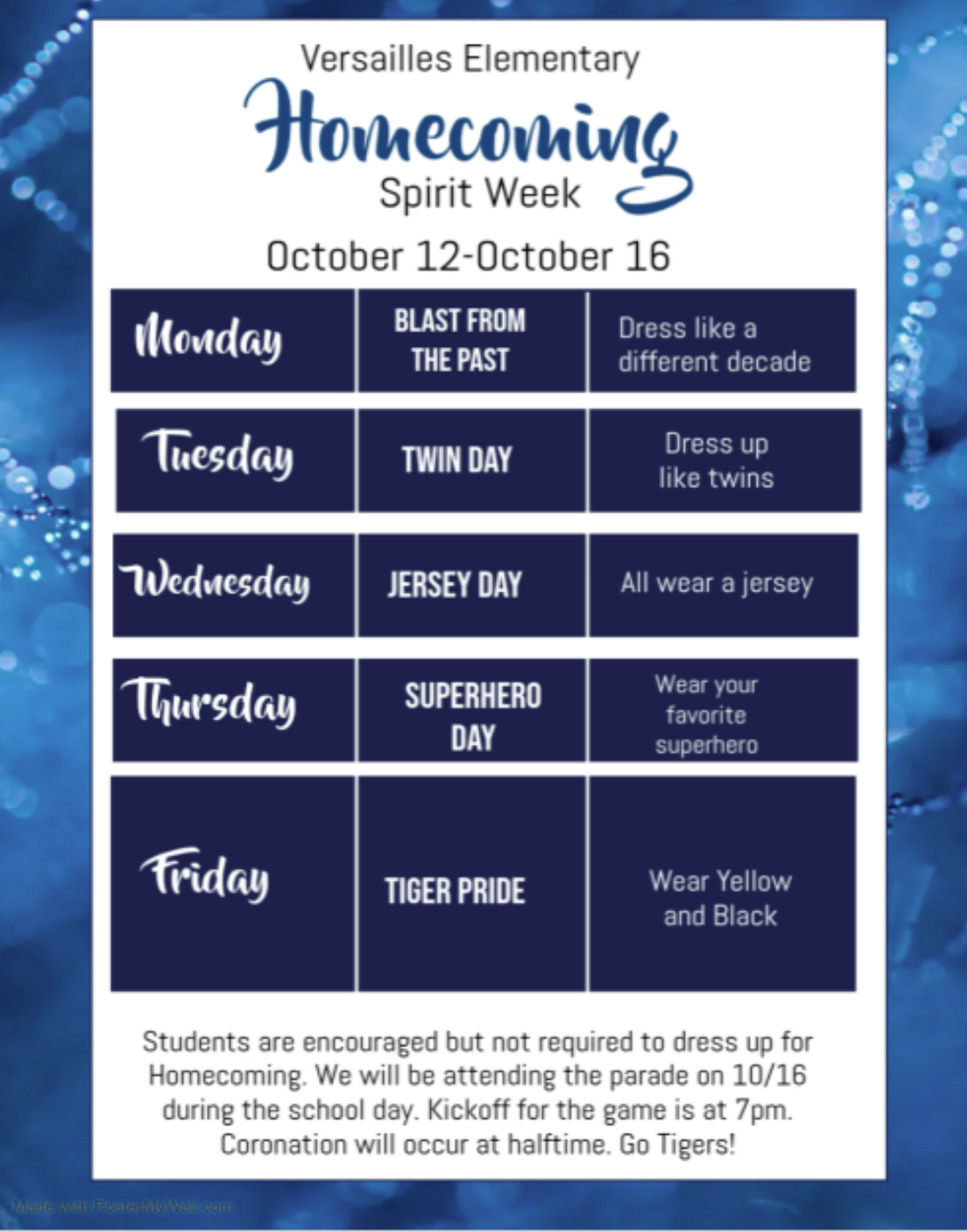 A schedule for Versailles Elementary Homecoming Spirit Week from October 12 to October 16.