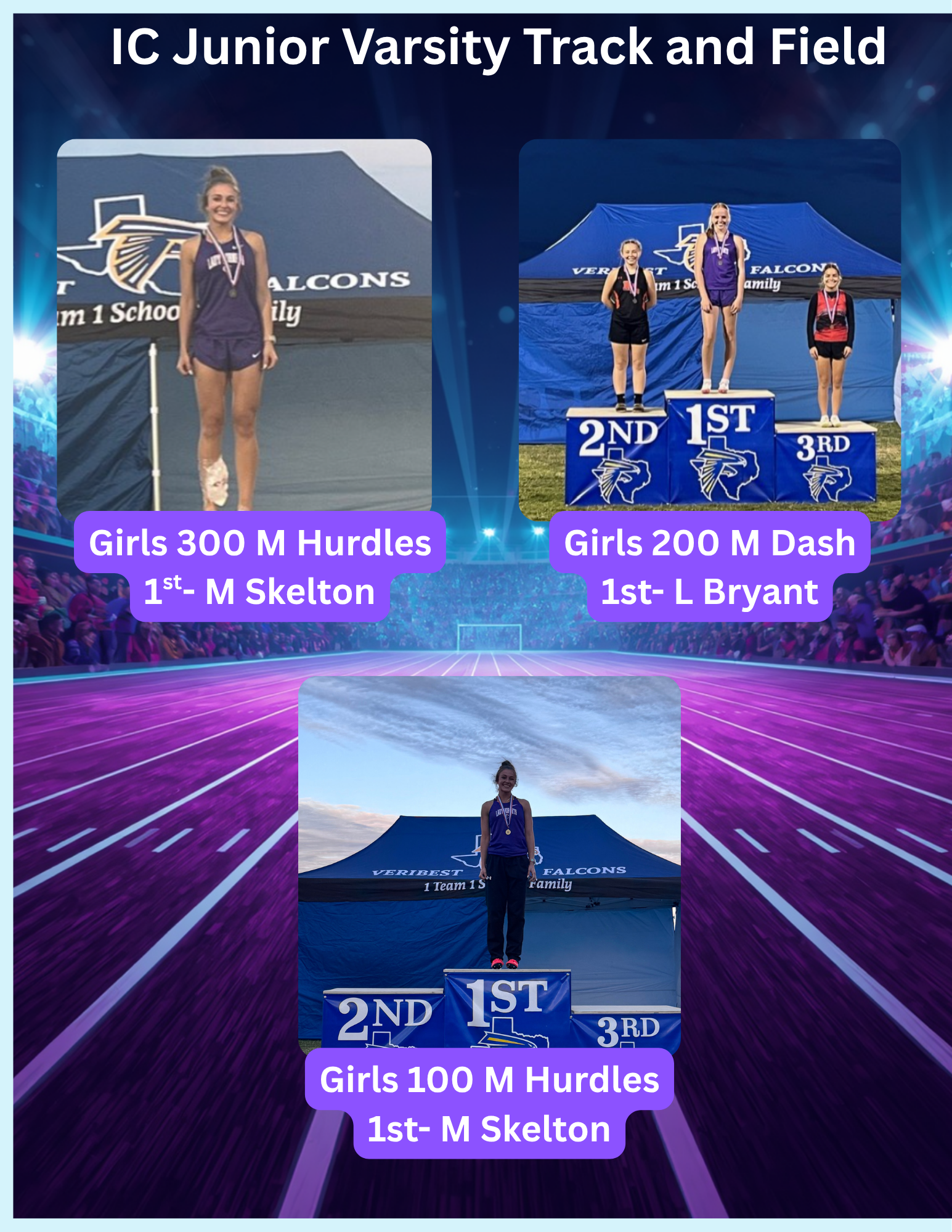 Three female athletes stand on a podium, celebrating victories in track and field events.