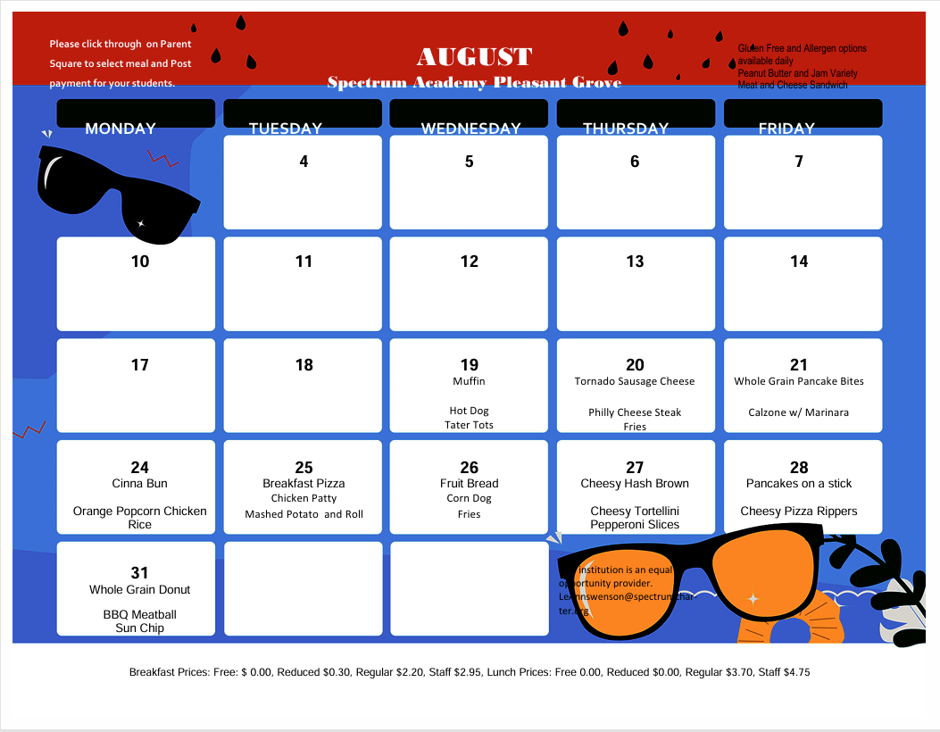 STUDENT- AUGUST BREAKFAST/ LUNCH ORDER FORM
