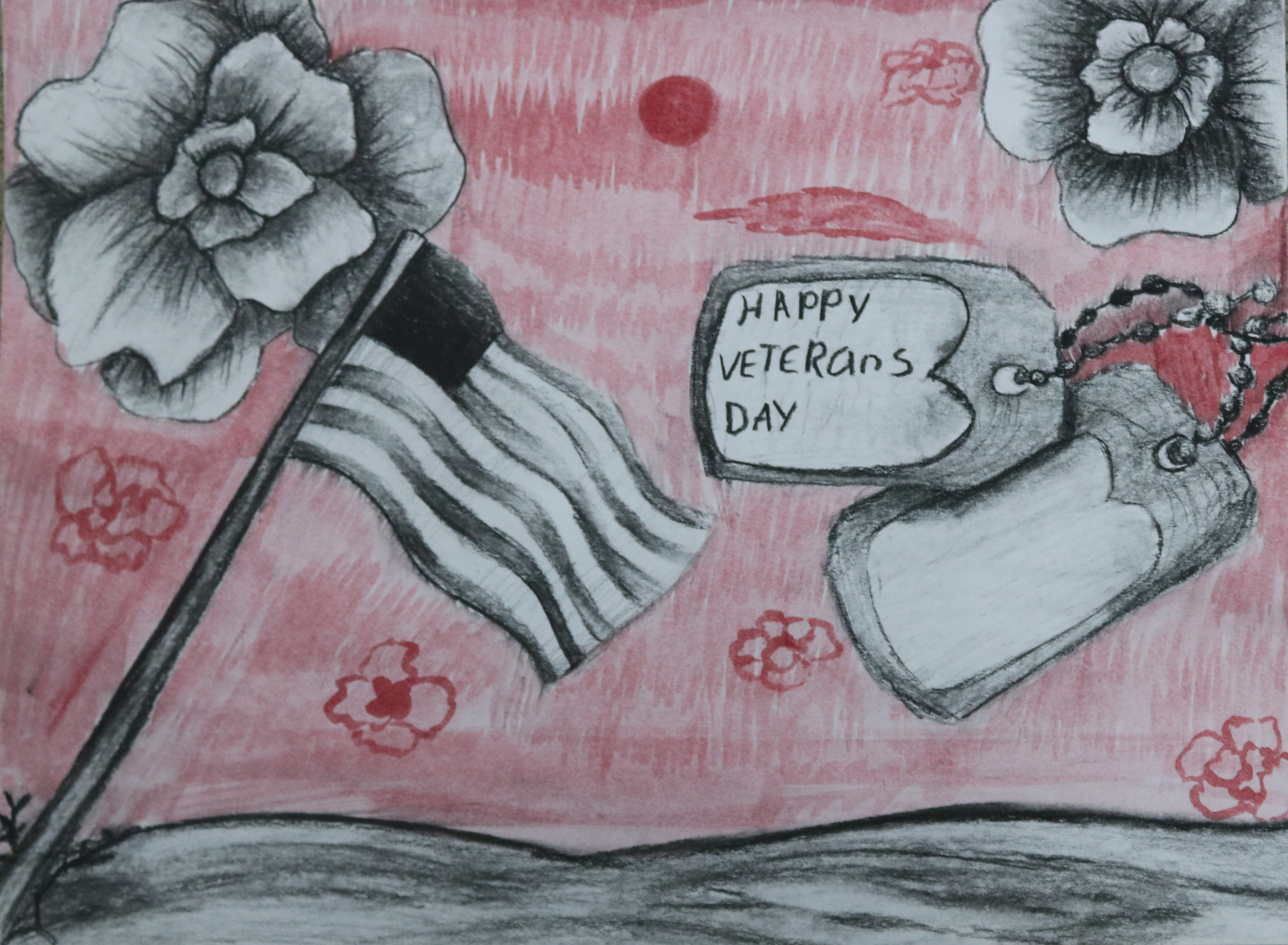 A hand-drawn Veterans Day tribute featuring a US flag, dog tags reading 'HAPPY VETERANS DAY', and sketched flowers against a pink watercolor background.