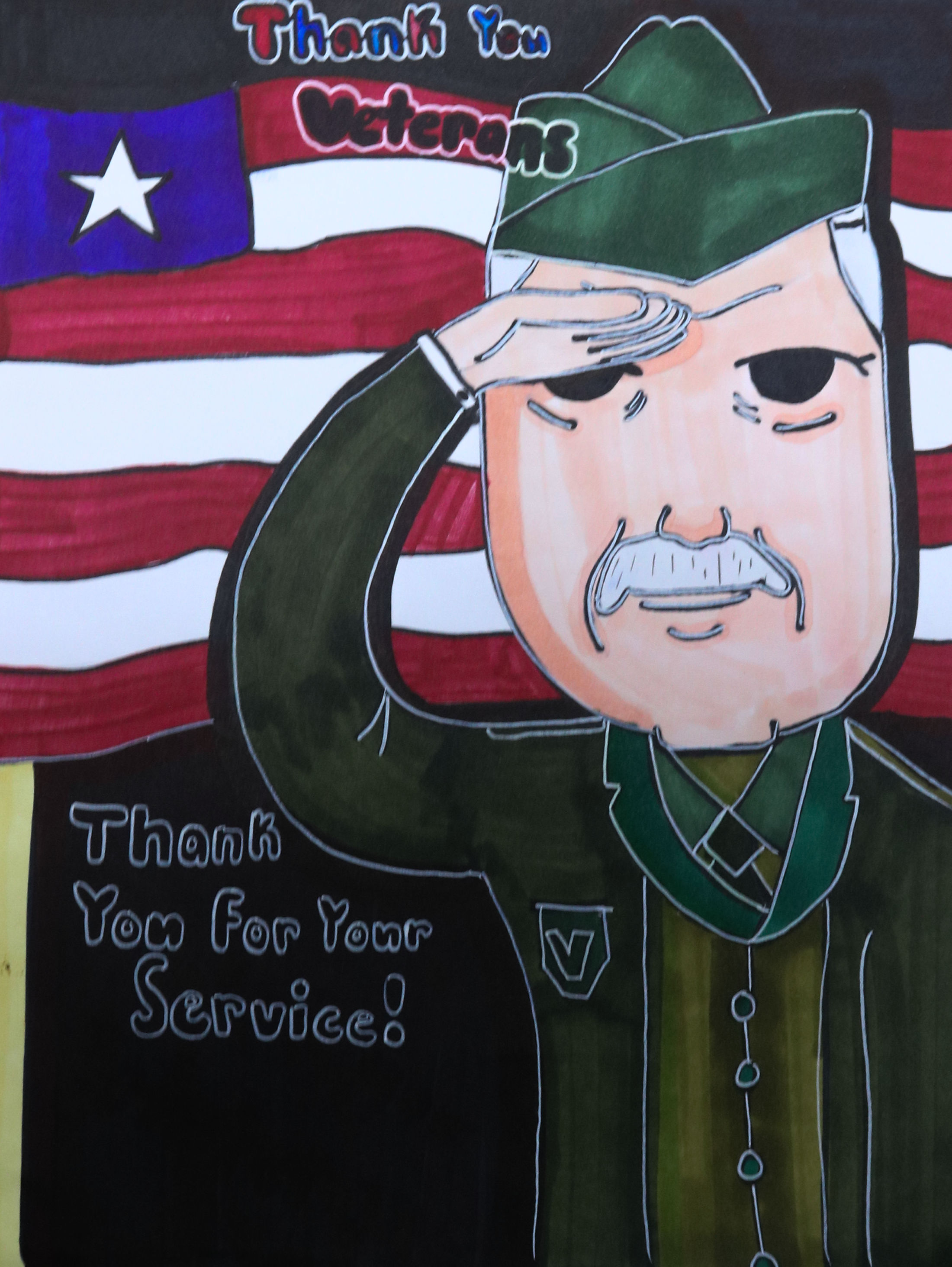 A colorful marker drawing of a soldier in uniform saluting, with an American flag background and the text "Thank You Veterans" and "Thank You For Your Service!"