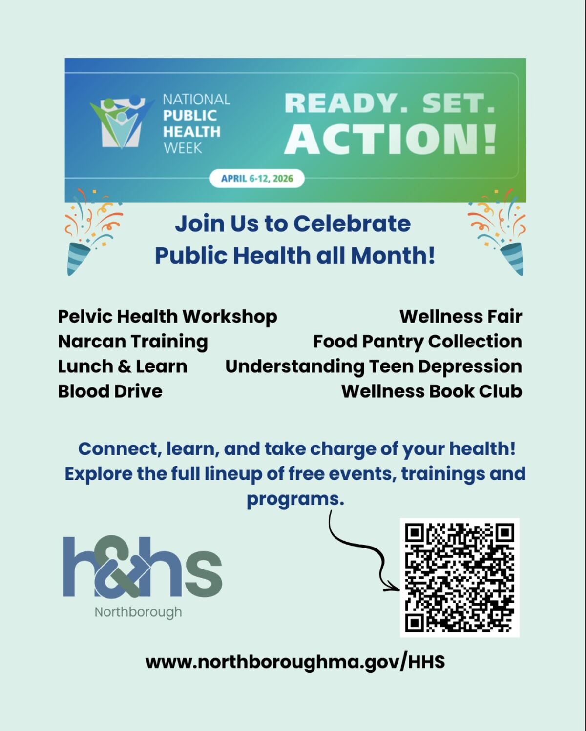Poster announcing National Public Health Week from April 6-12, 2026, with the theme 'Ready. Set. Action!'
