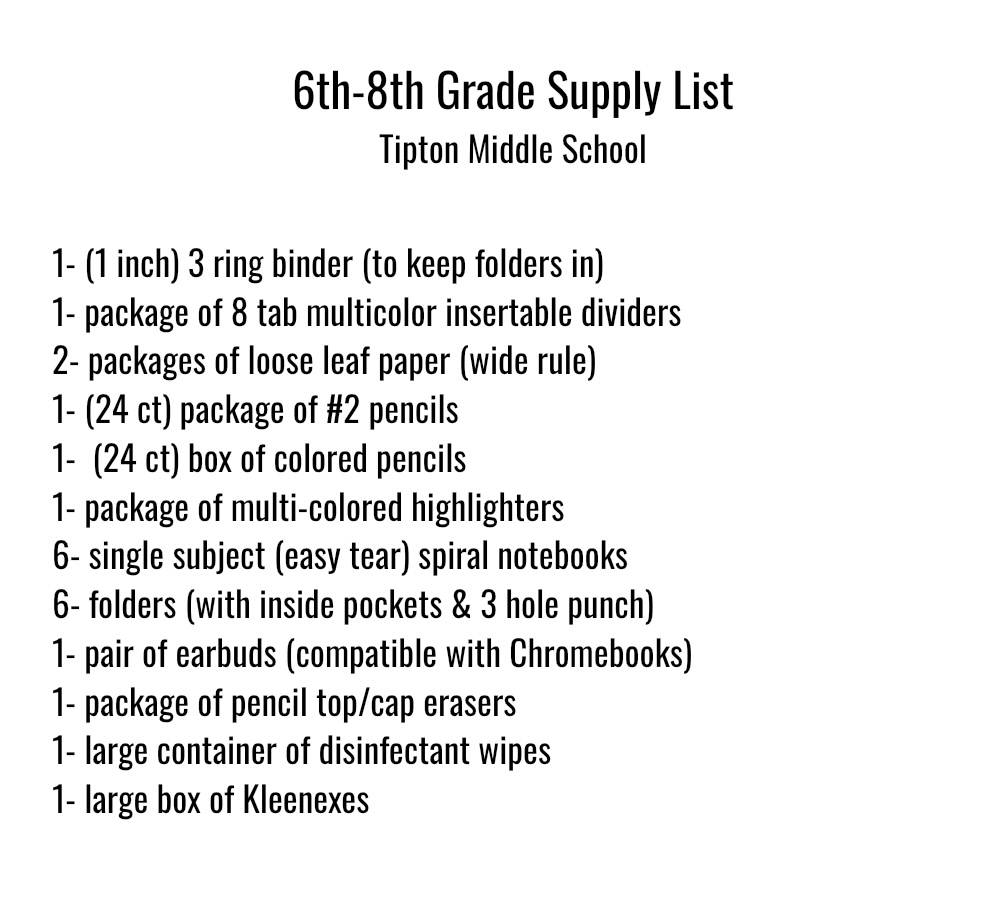 6th-8th Grade School Supply List