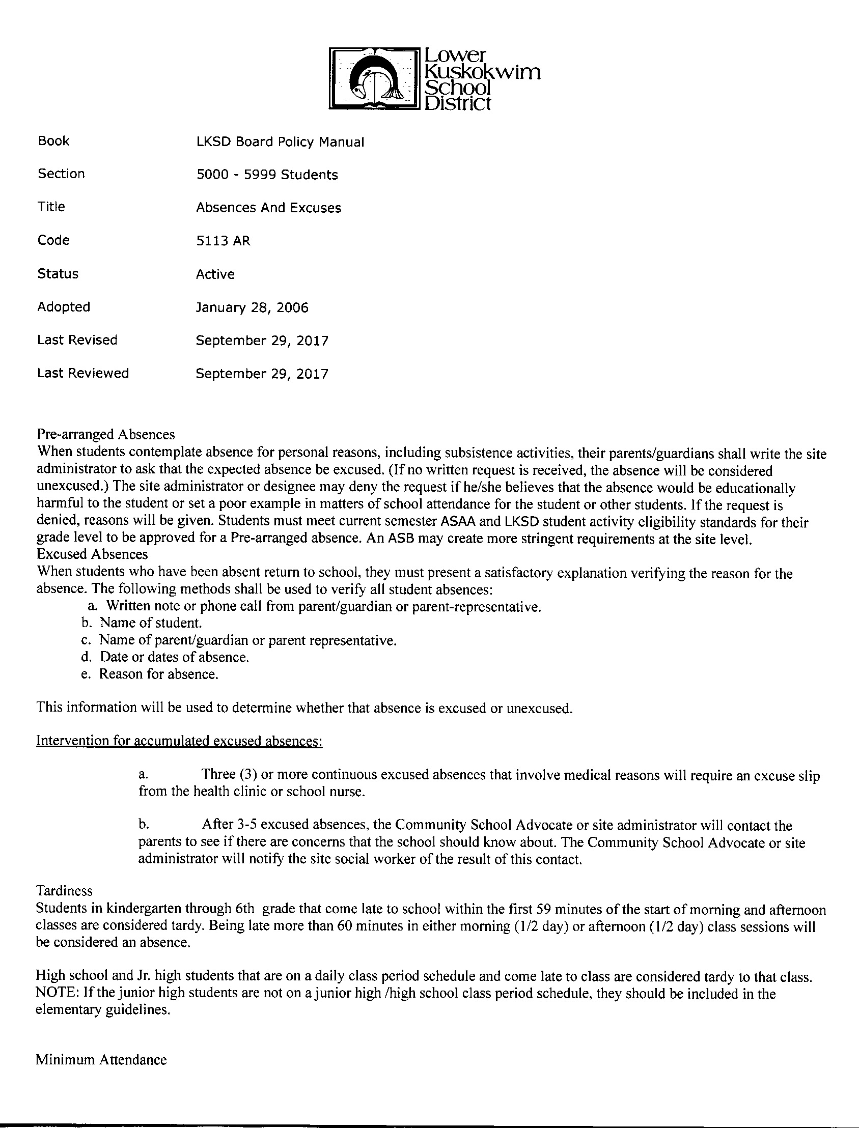 LKSD Board Policy on Absences and Excuses AR 5113