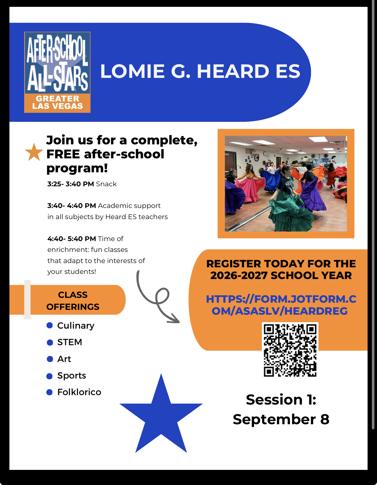 After-School All-Stars Lomie G. Heard ES flyer announces a free after-school program with activities like Culinary, STEM, Art, Sports, and Folklorico.