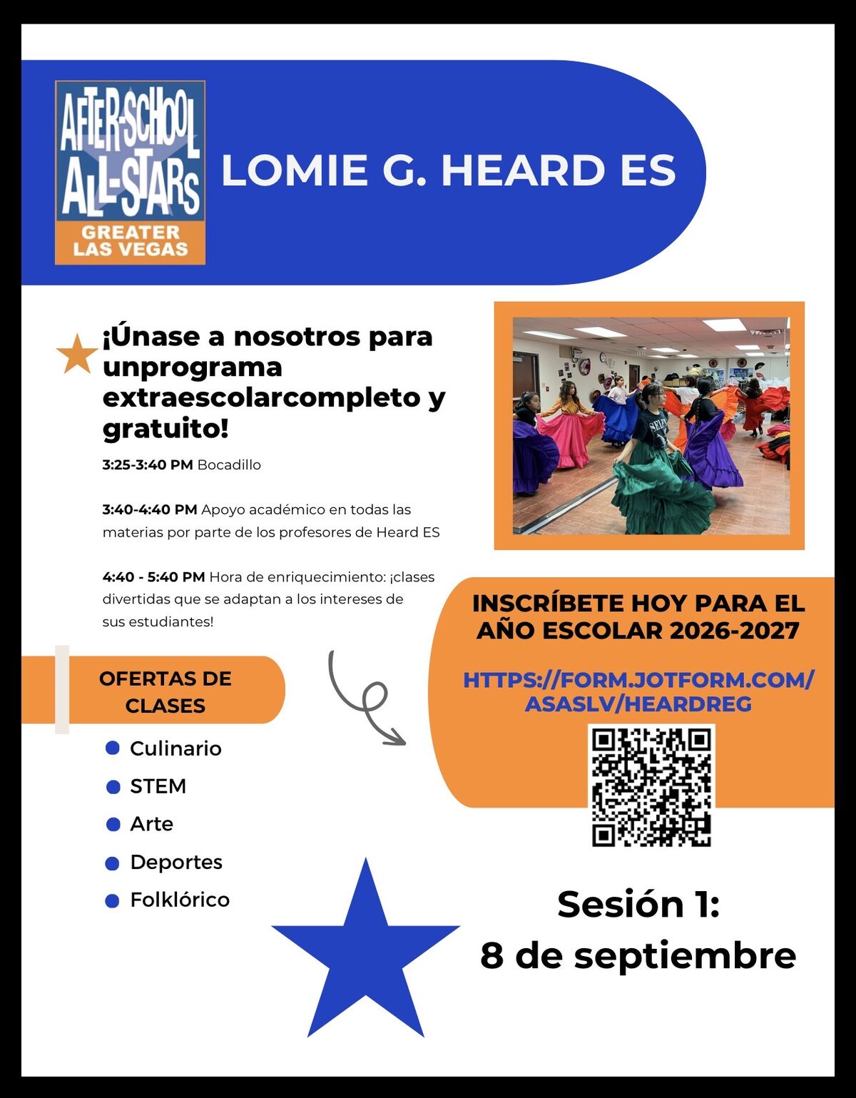 After-School All-Stars Lomie G. Heard ES flyer announces a free after-school program with activities like culinary, STEM, arts, sports, and folklorico.