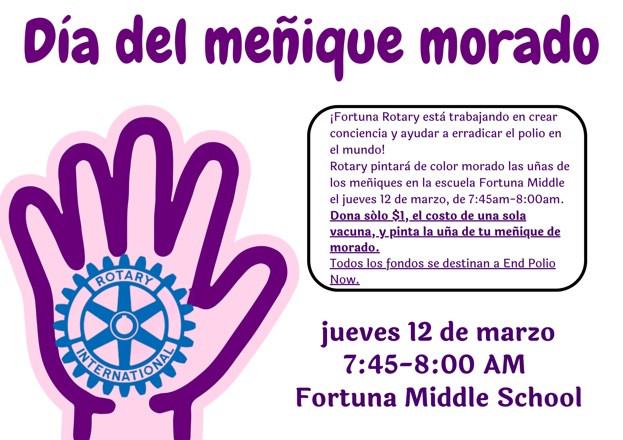 Purple hand graphic with Rotary International logo and text 'Día del meñique morado'.