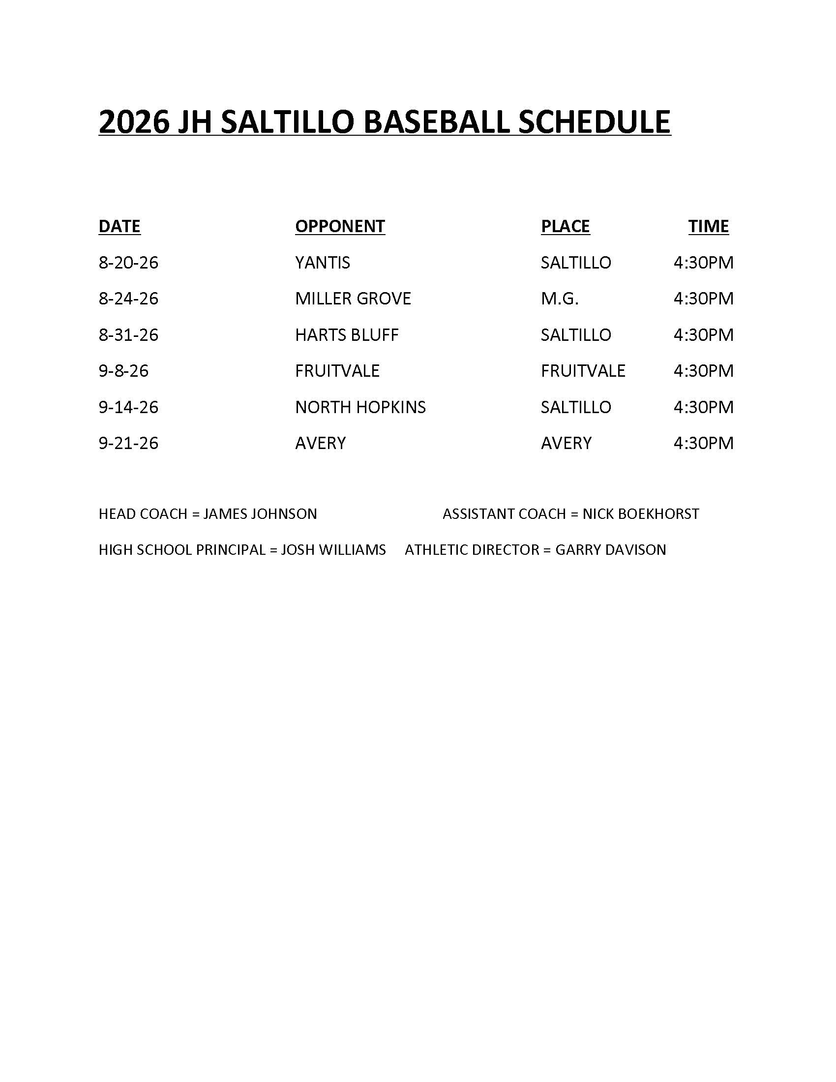 JH Baseball Schedule