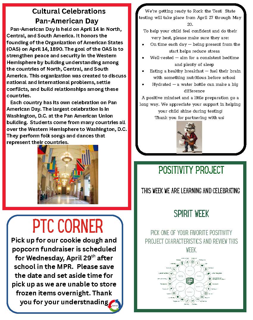 Information about Pan-American Day, including its history and celebrations, with an image of flags in a hallway.