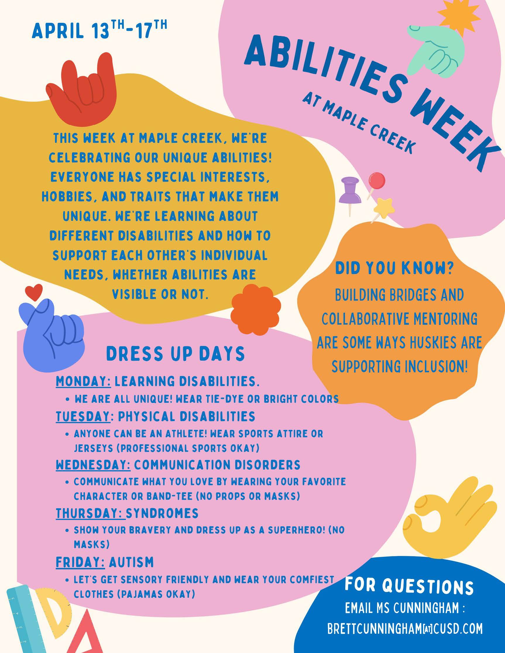 Poster announcing Abilities Week at Maple Creek from April 13th-17th, celebrating unique abilities and inclusion.
