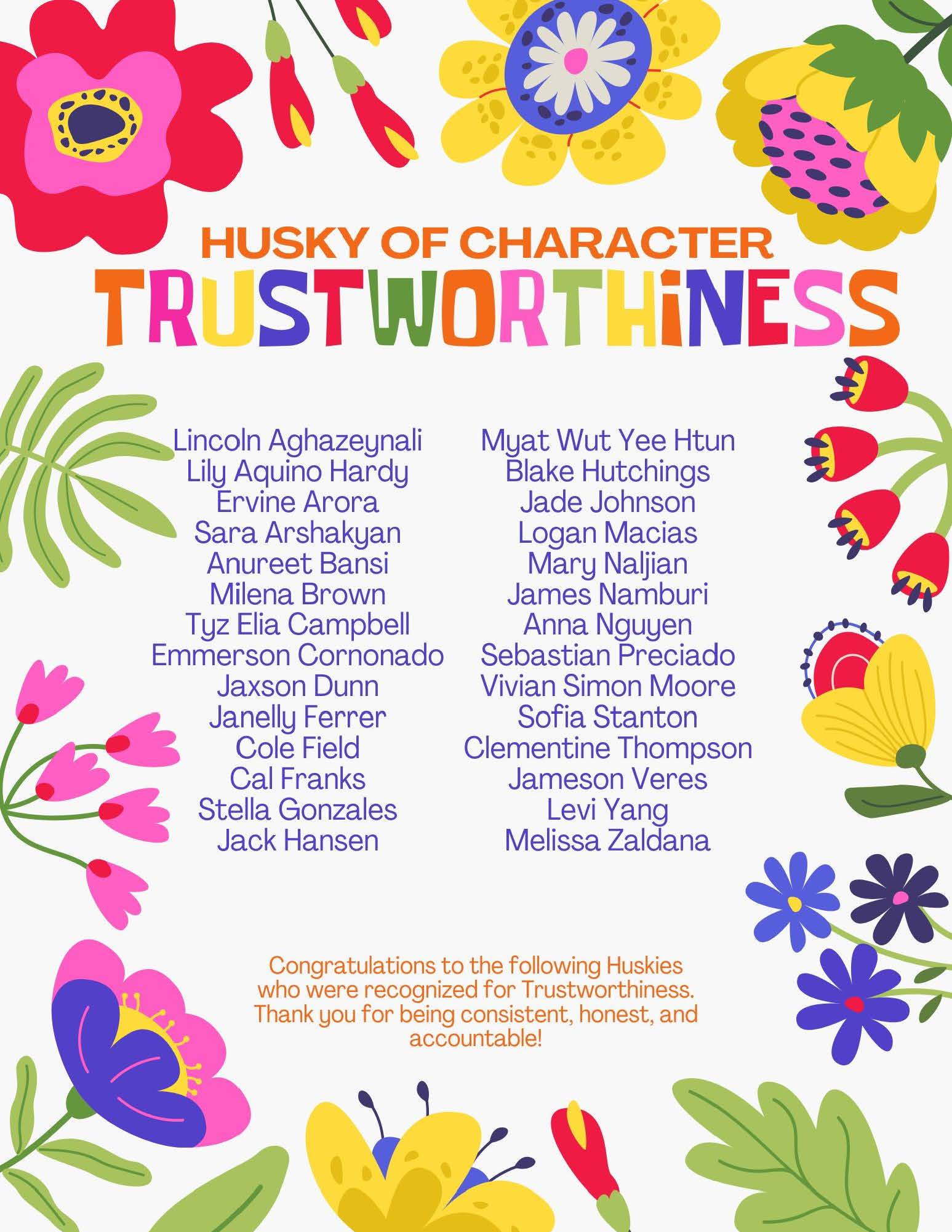 A colorful graphic announces 'Husky of Character: Trustworthiness' with lists of names.