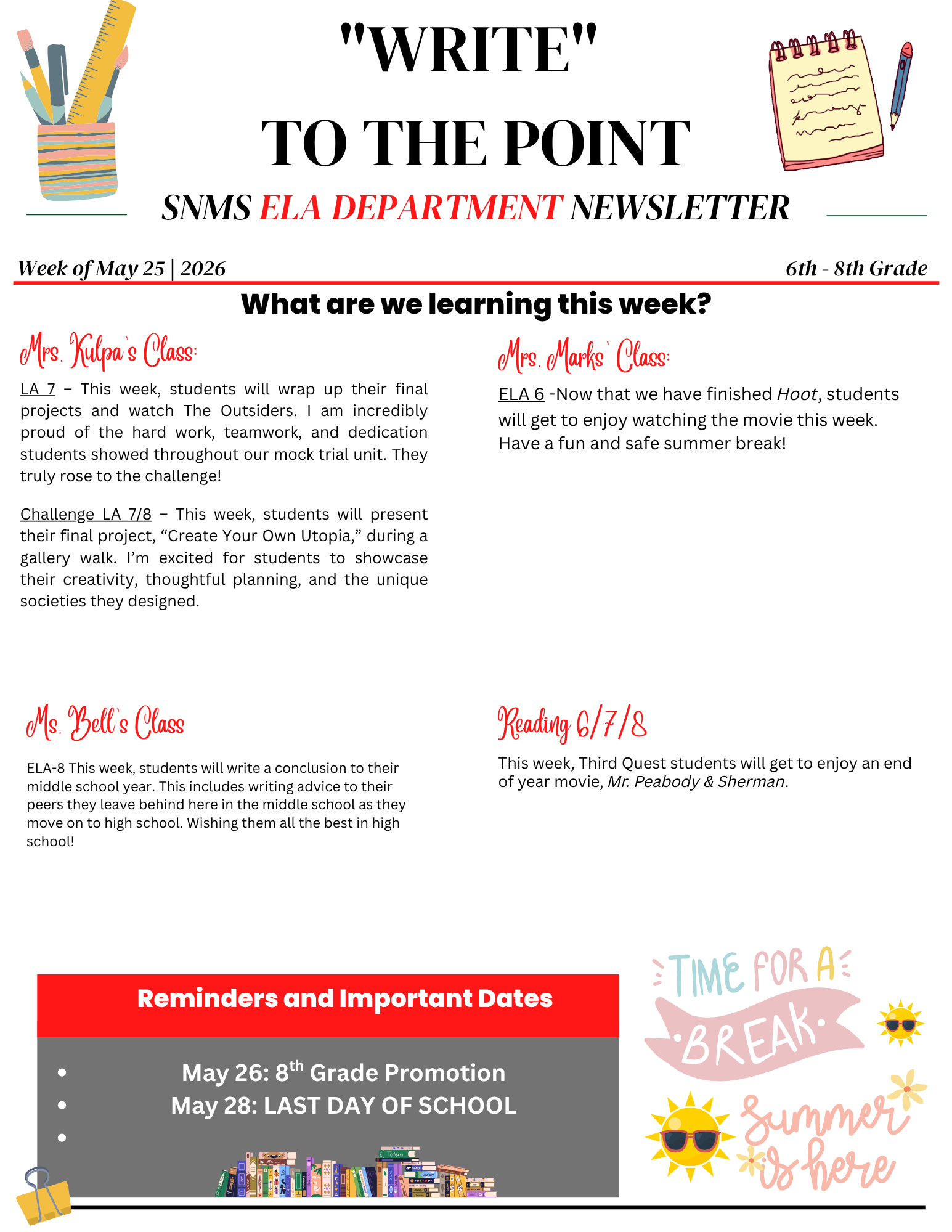 ELA Department Newsletter - Week of May 25, 2026