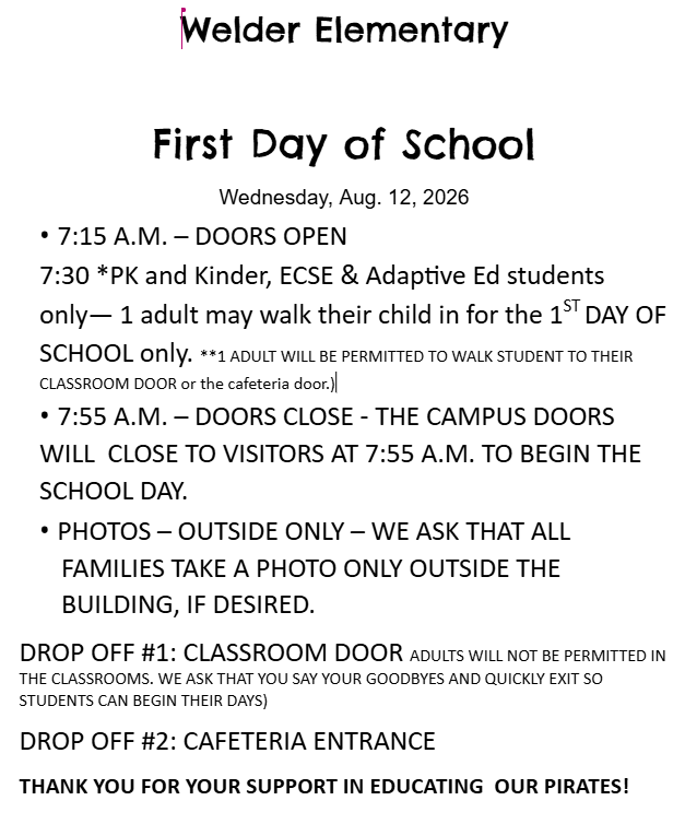 1st Day Procedures-PK, K, Mrs. Cortez and Mrs. Marten's classrooms