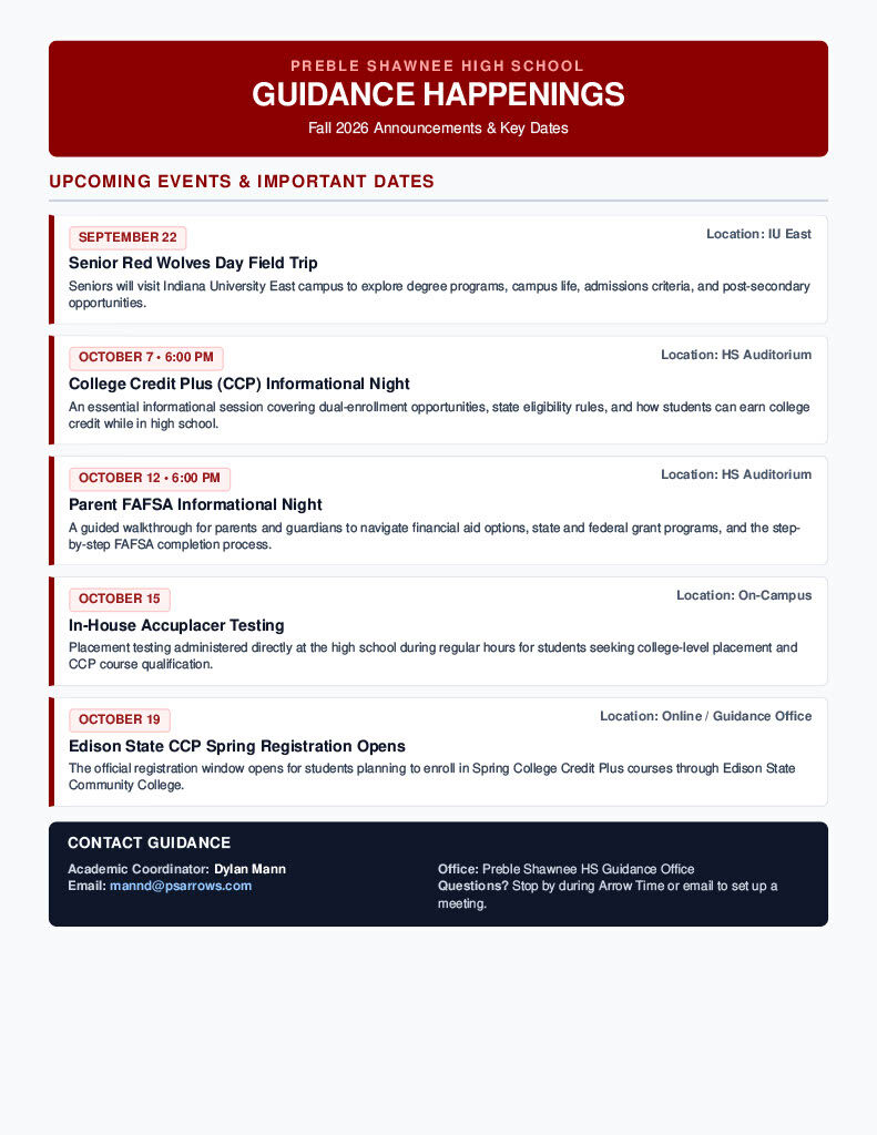 A Preble Shawnee High School Guidance Happenings newsletter listing upcoming events and key dates for Fall 2026.