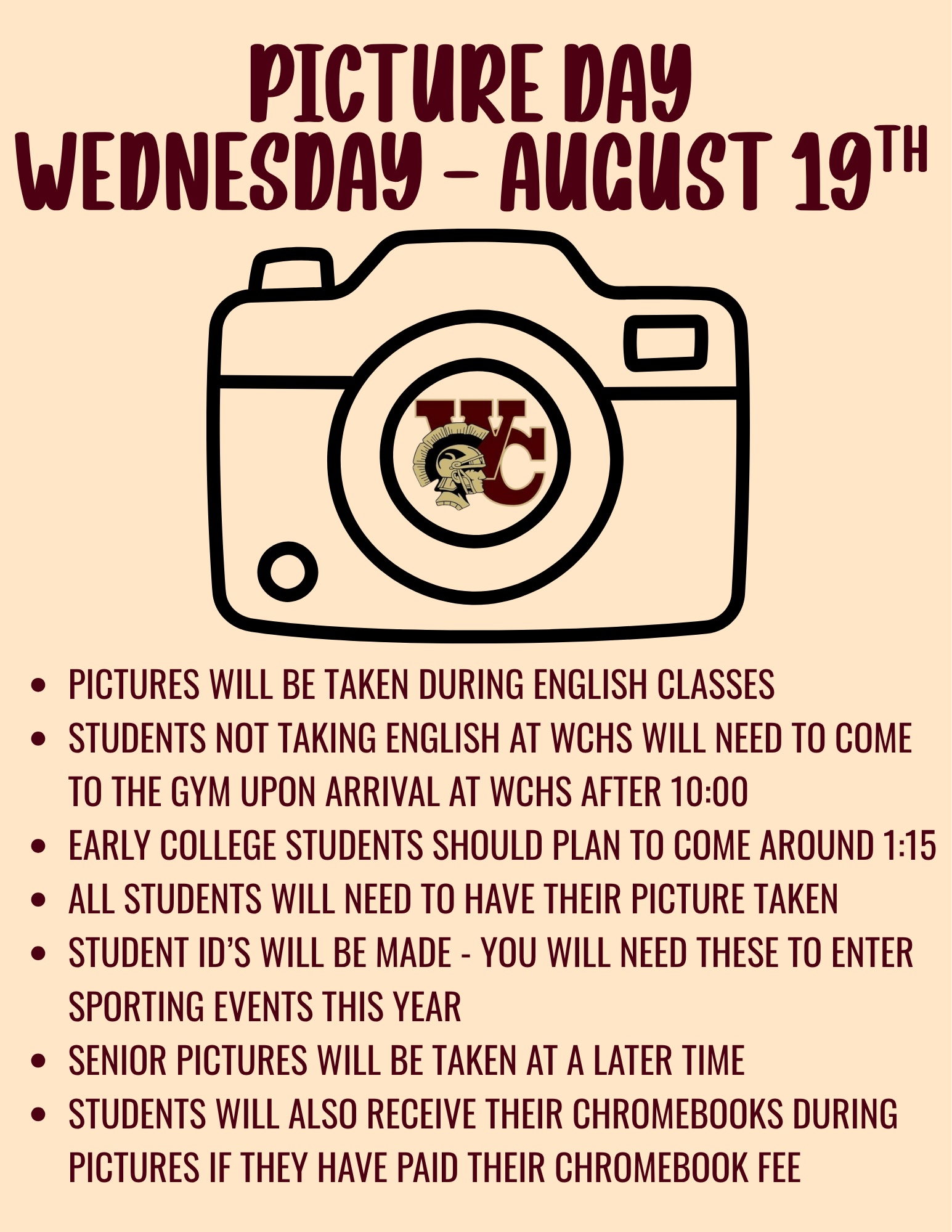 School Picture Day and Chromebook Distribution Aug. 19th