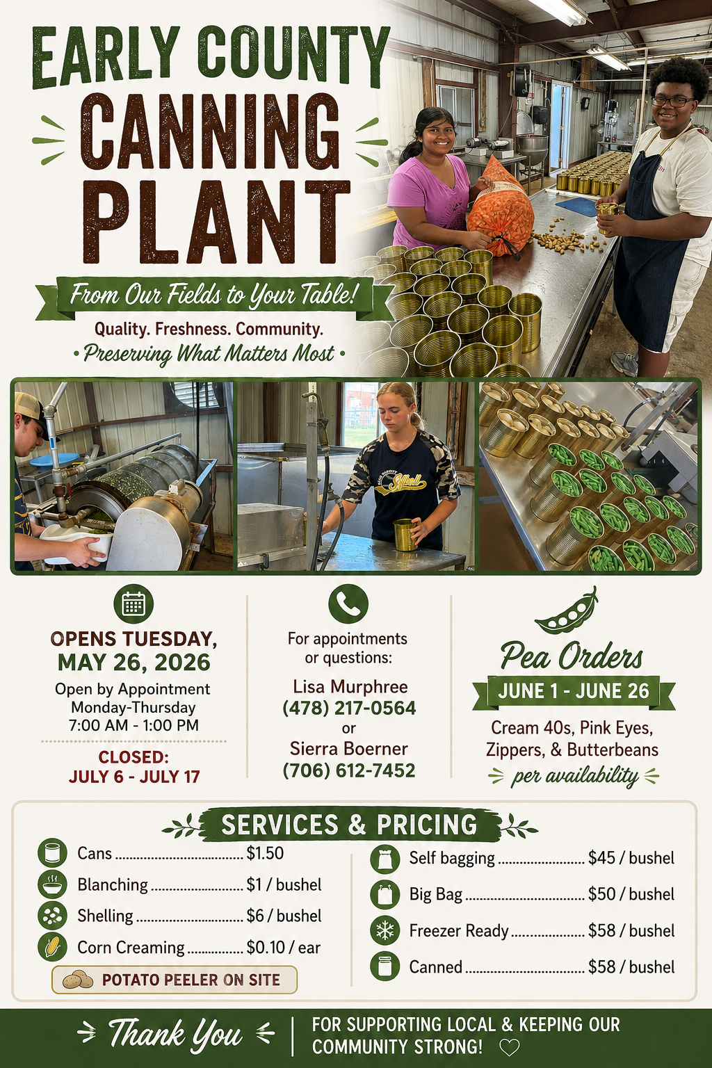 Early County Canning Plant – 2026 Season Information