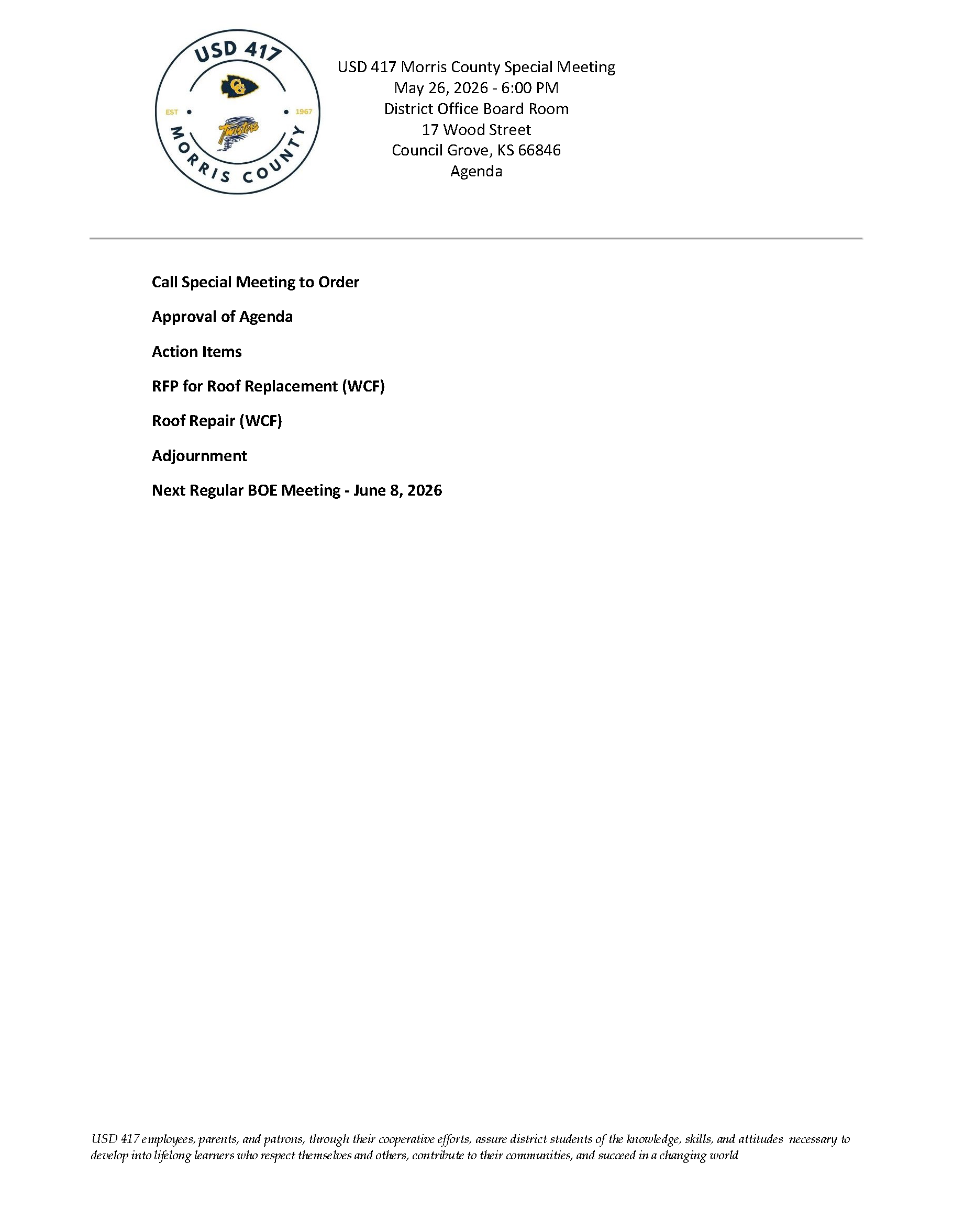 USD 417 Special BOE Meeting Agenda - May 26