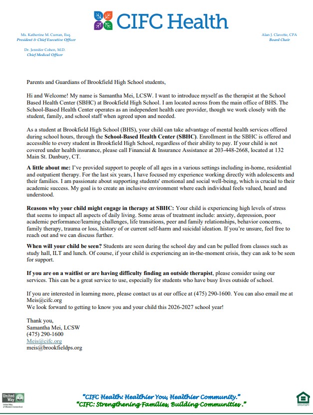 School Based Health Center (SBHC) - Welcome Back Information
