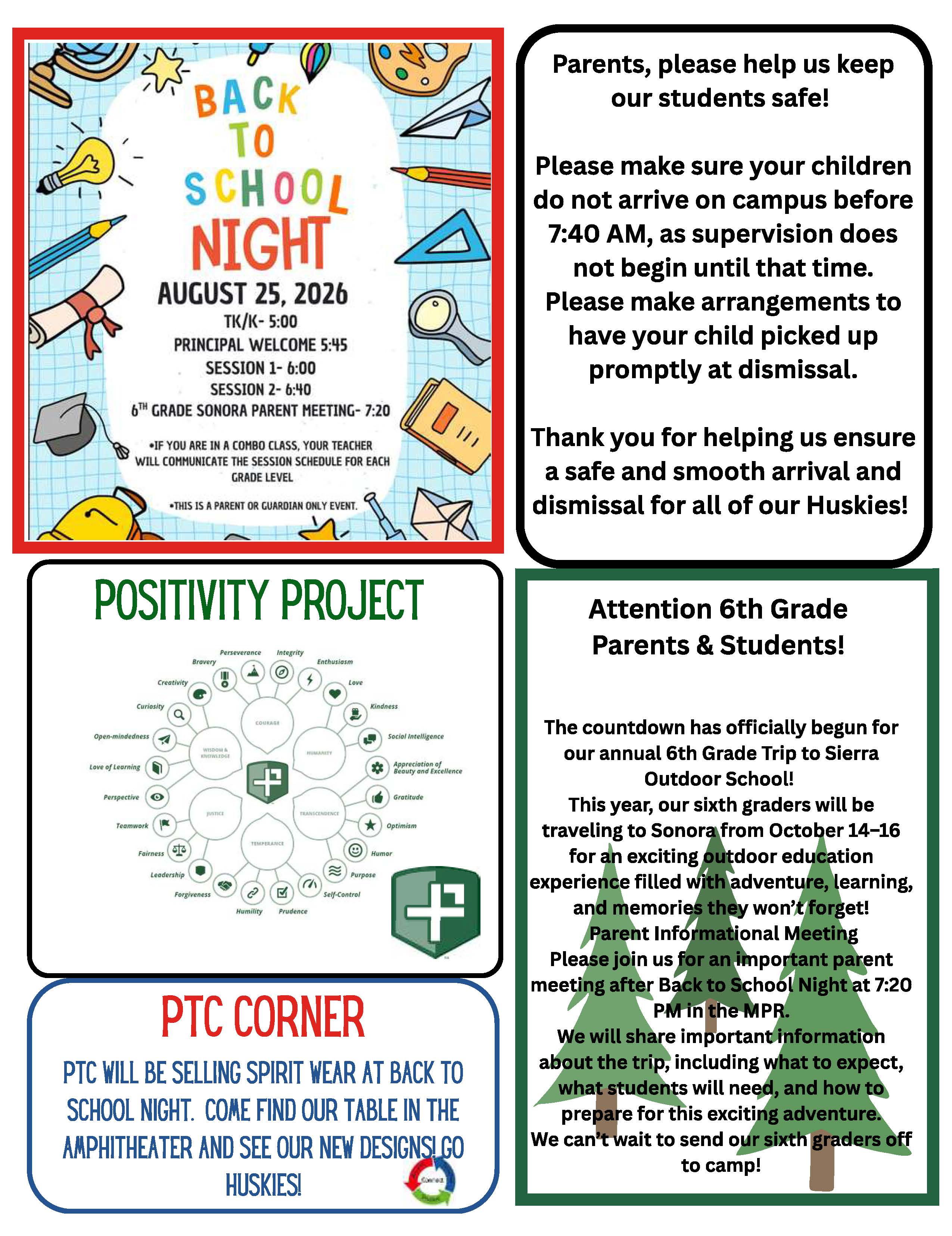 A flyer announces 'Back to School Night' on August 25, 2026, with session times and a 6th-grade parent meeting.