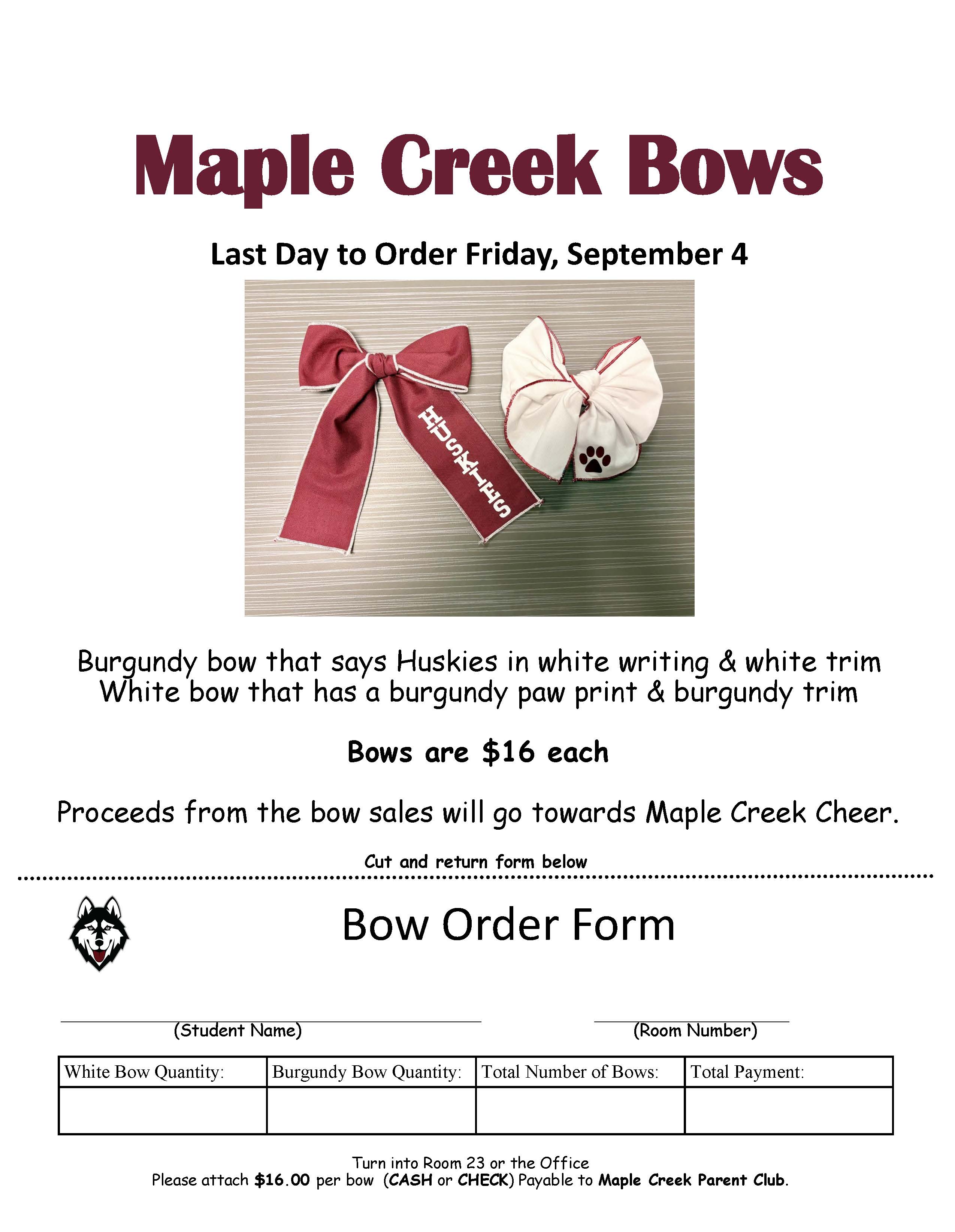 A flyer for Maple Creek Bows, featuring a burgundy bow with 'Huskies' and a white bow with a paw print.