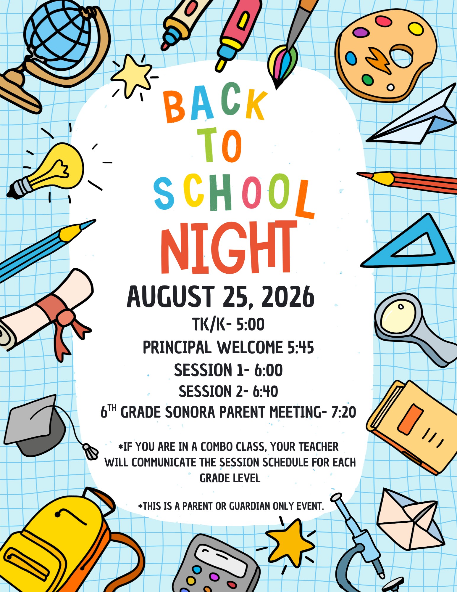 Back to School Night event flyer with colorful school supplies and event details.
