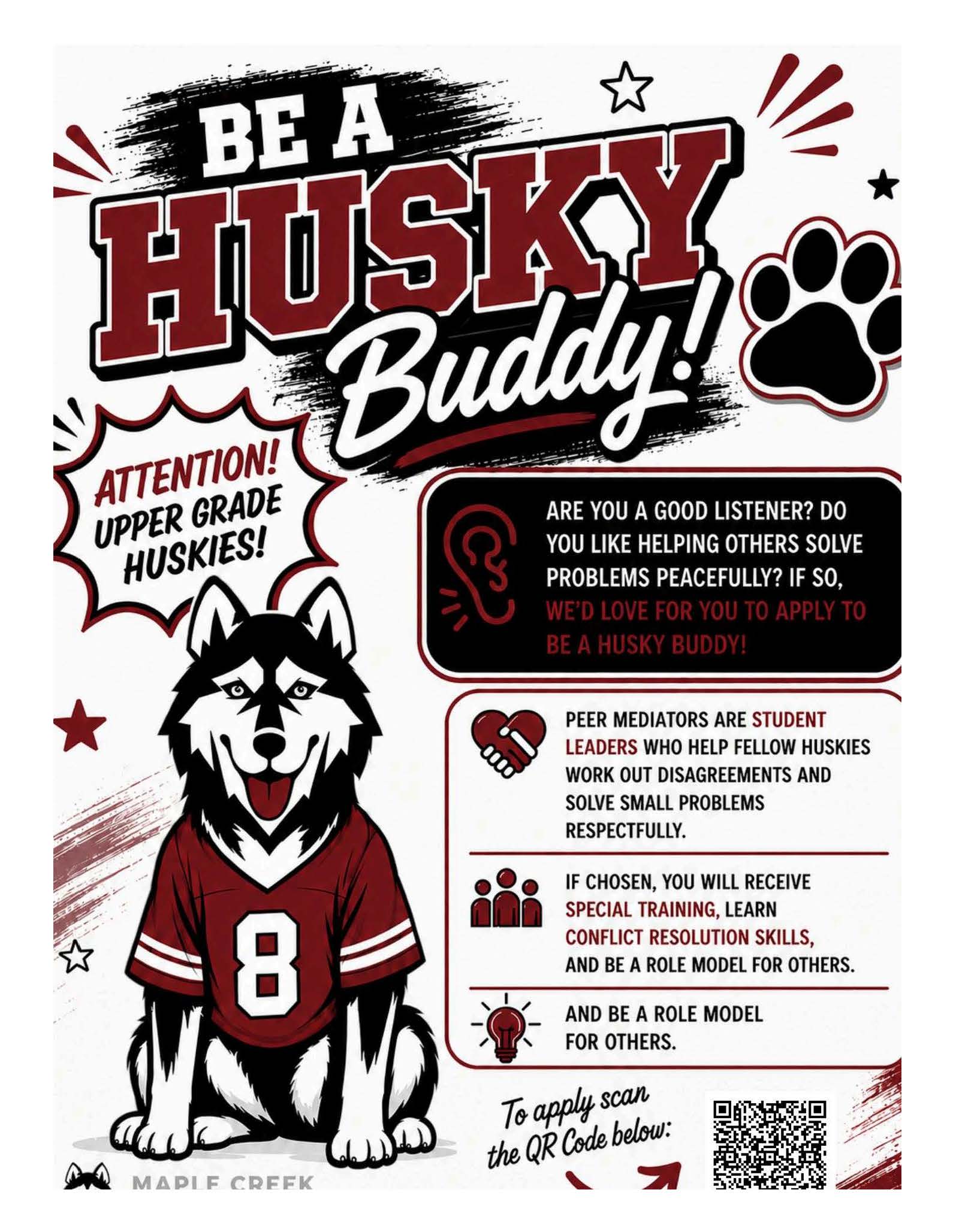 Poster for the 'Be a Husky Buddy!' program, featuring a cartoon husky dog and text about peer mediation.