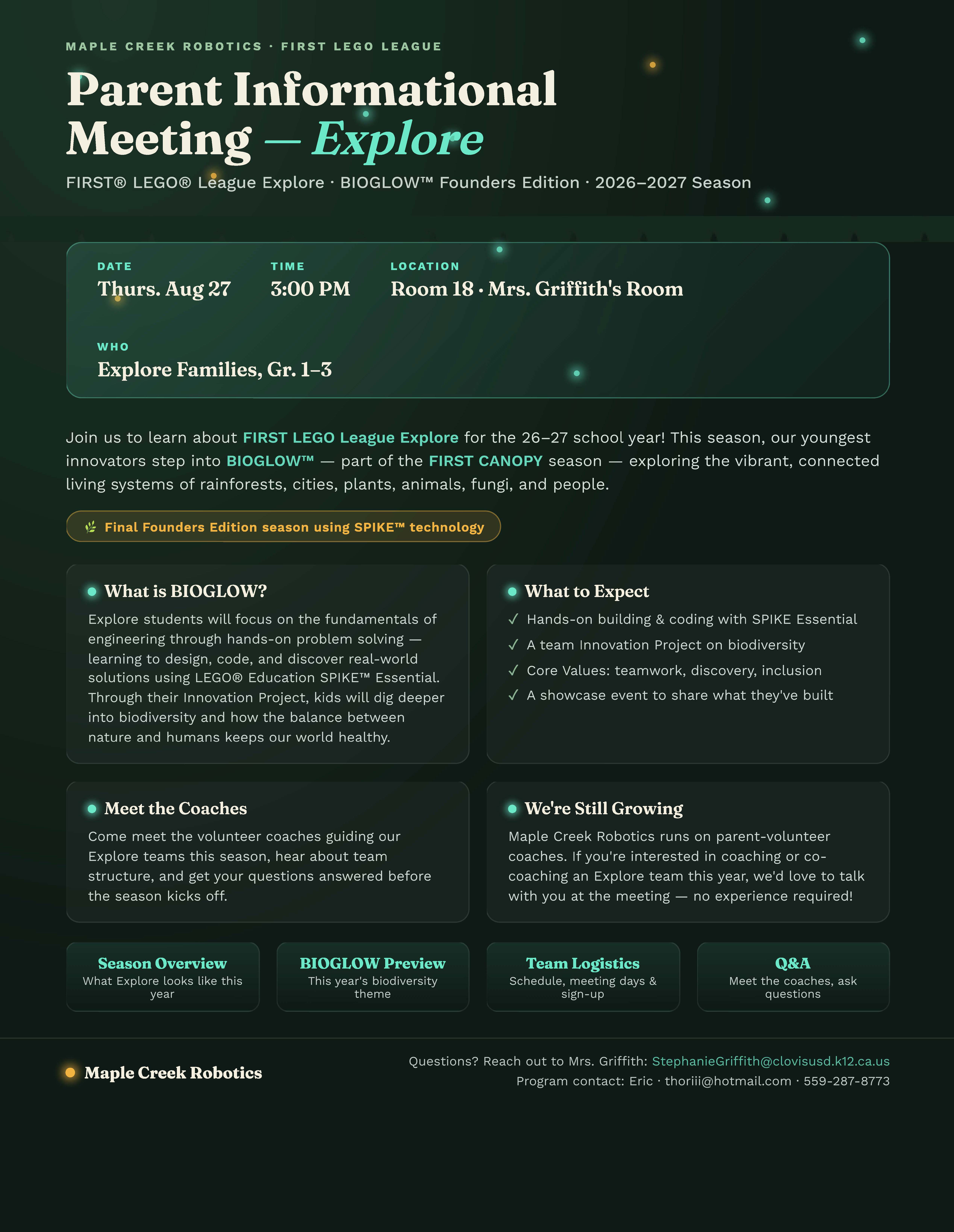 Informational meeting flyer for Maple Creek Robotics FIRST LEGO League Explore, featuring BIOGLOW™ Founders Edition.