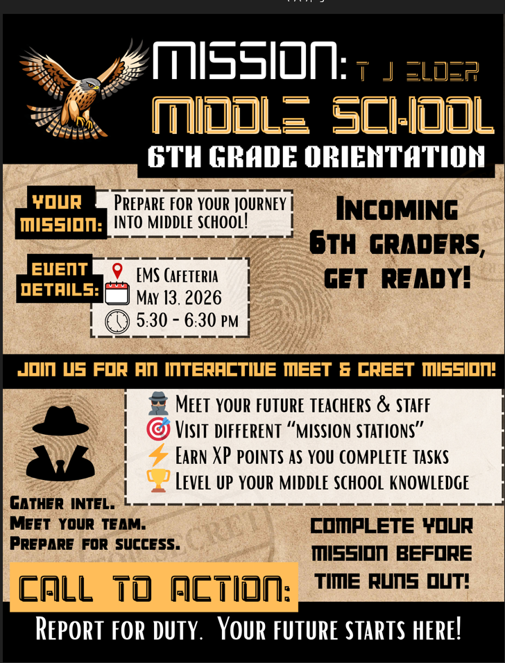 Rising 6th Grade Orientation-May 13th at 5:30 PM