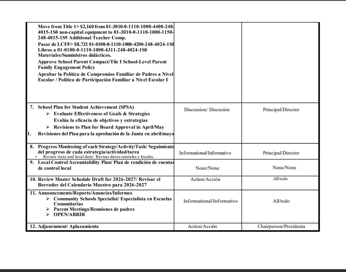 A document displays a table with agenda items, including 'School Plan for Student Achievement' and 'Progress Monitoring'.