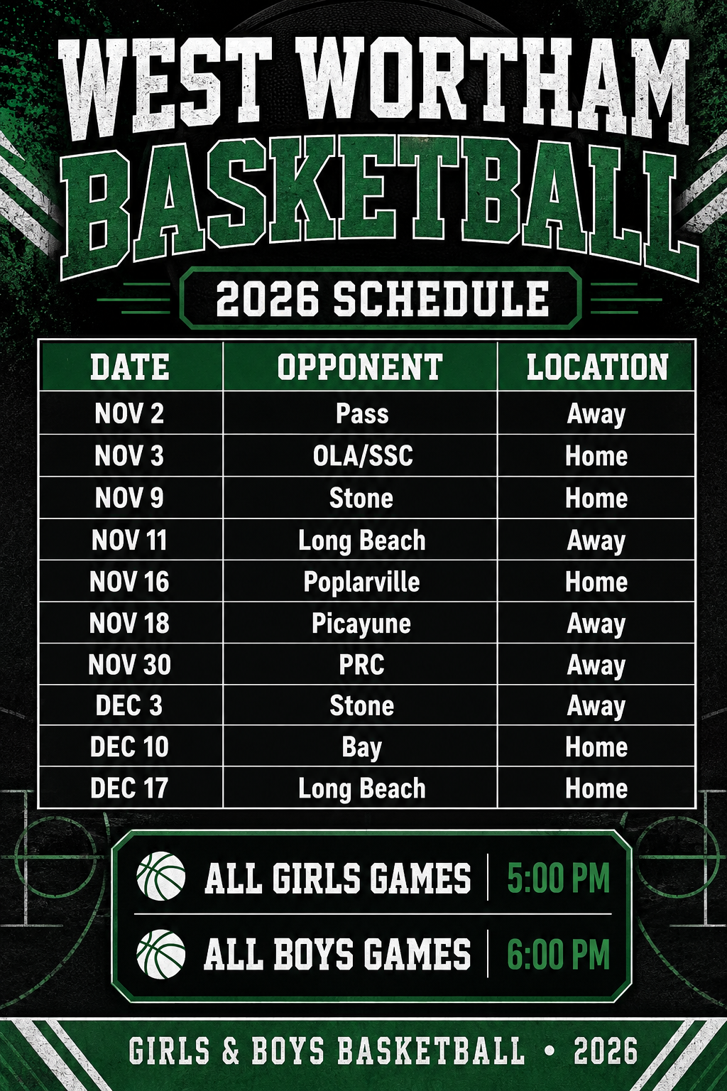 West Wortham Basketball Schedule