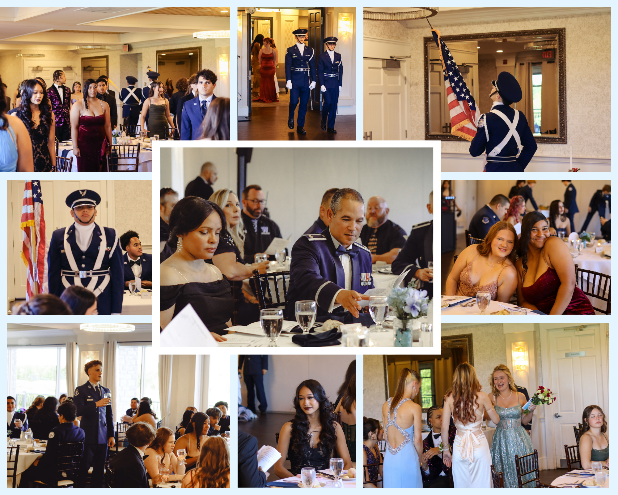 A formal event with attendees in evening wear and military dress uniforms.