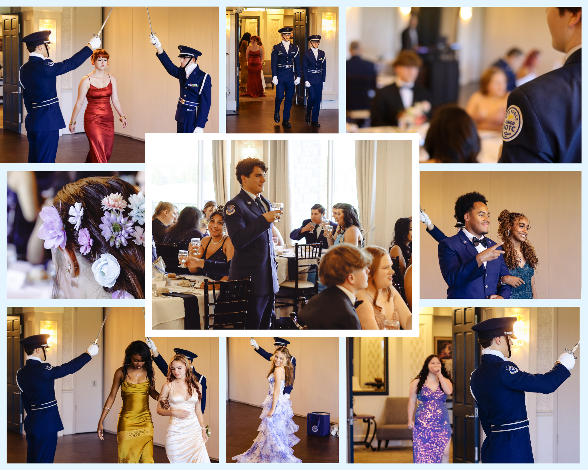 Cadets in uniform form a sword arch for attendees at a formal event.