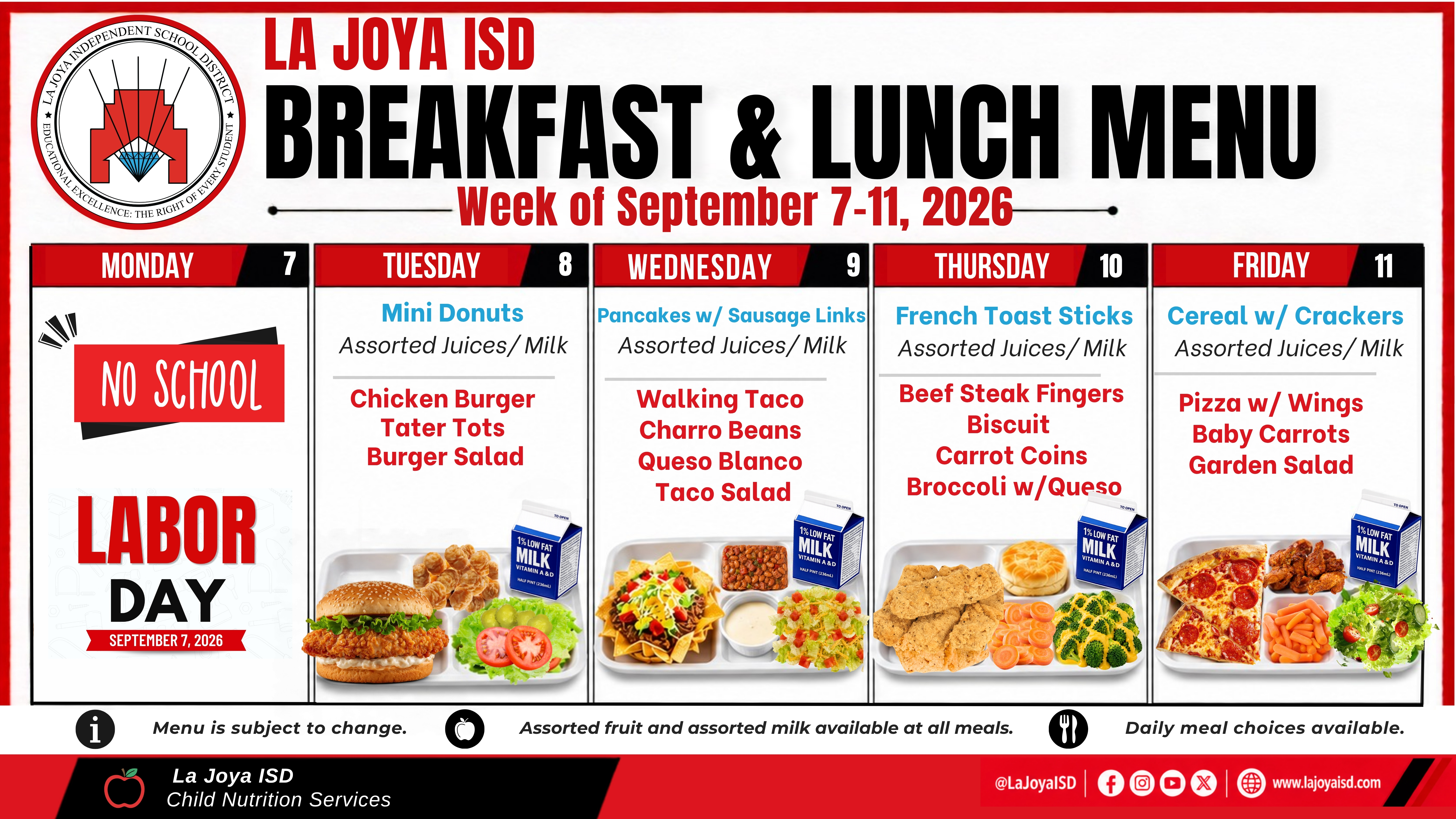 🍎📚 La Joya ISD Families, the Breakfast & Lunch Menu for the week of September 7–11 is here!