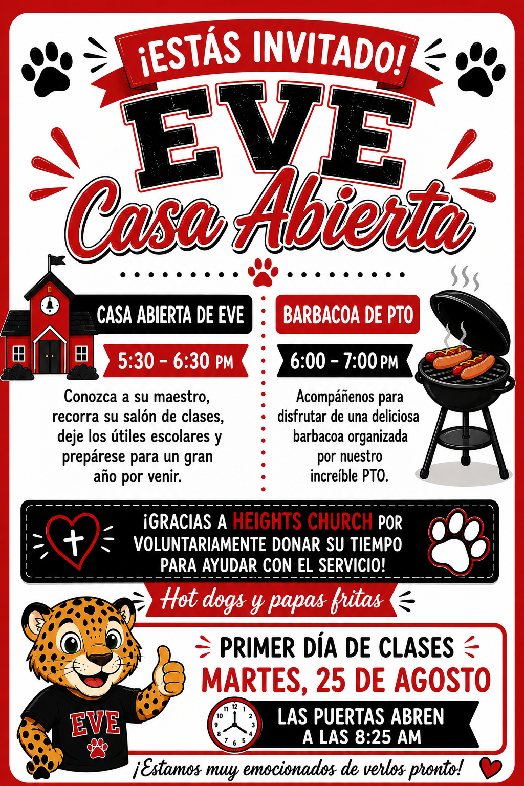 An invitation to EVE's Open House event, featuring a school building, a barbecue grill with hot dogs, and a smiling jaguar mascot.